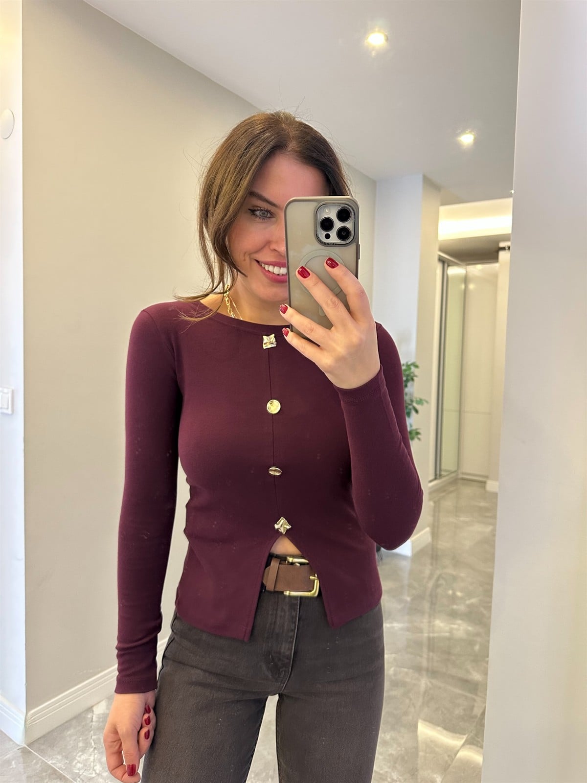 4 Düğmeli Basic Bluz - Mürdüm