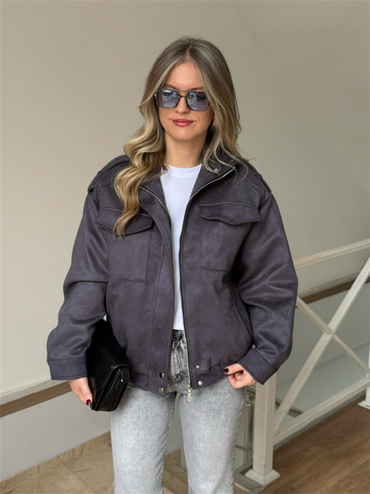 Beli Lastikli Cepli Bomber Süet Ceket - Antrasit 