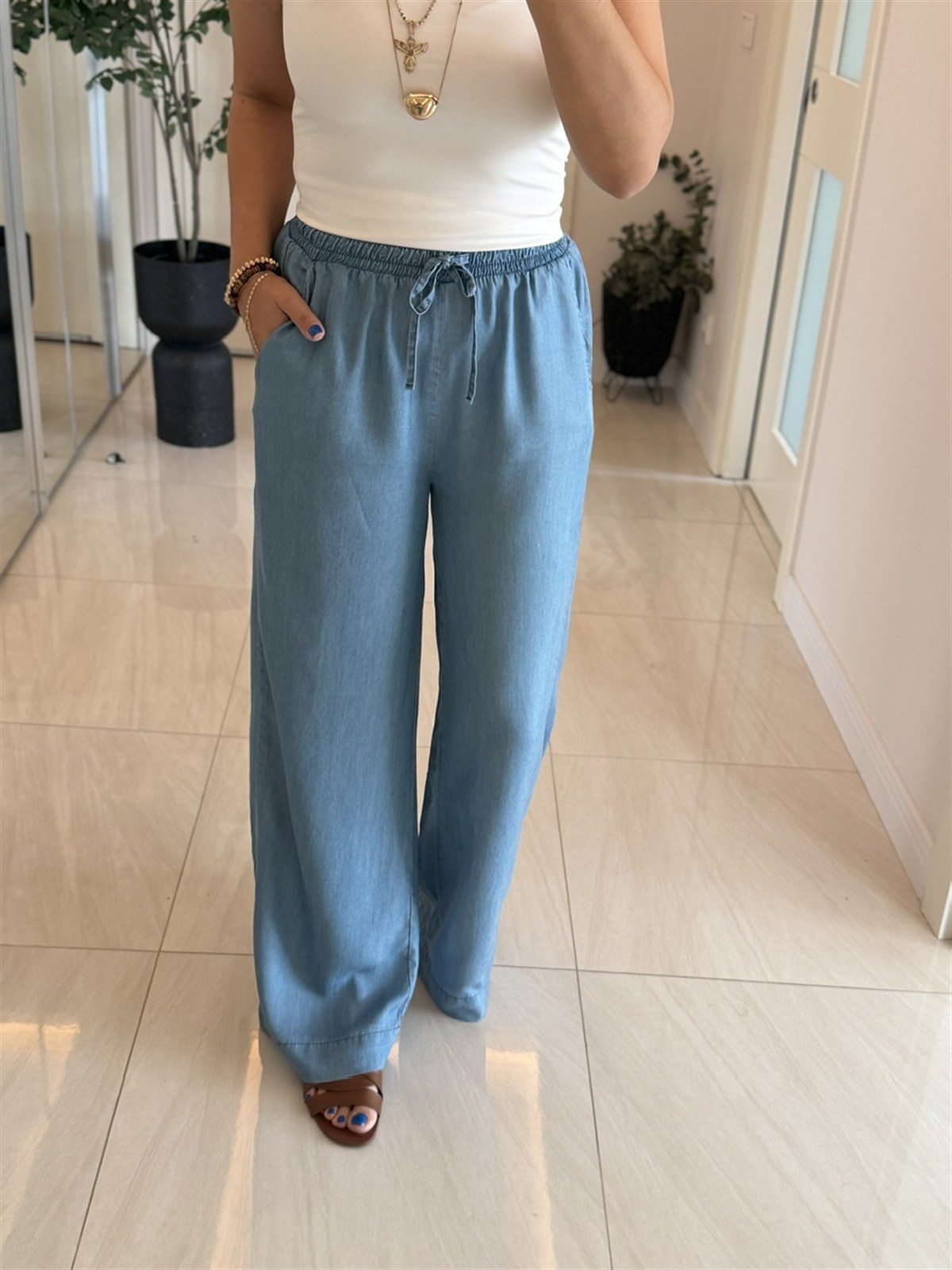 Beli Lastikli Tensel Denim Palazzo - Buz Mavisi