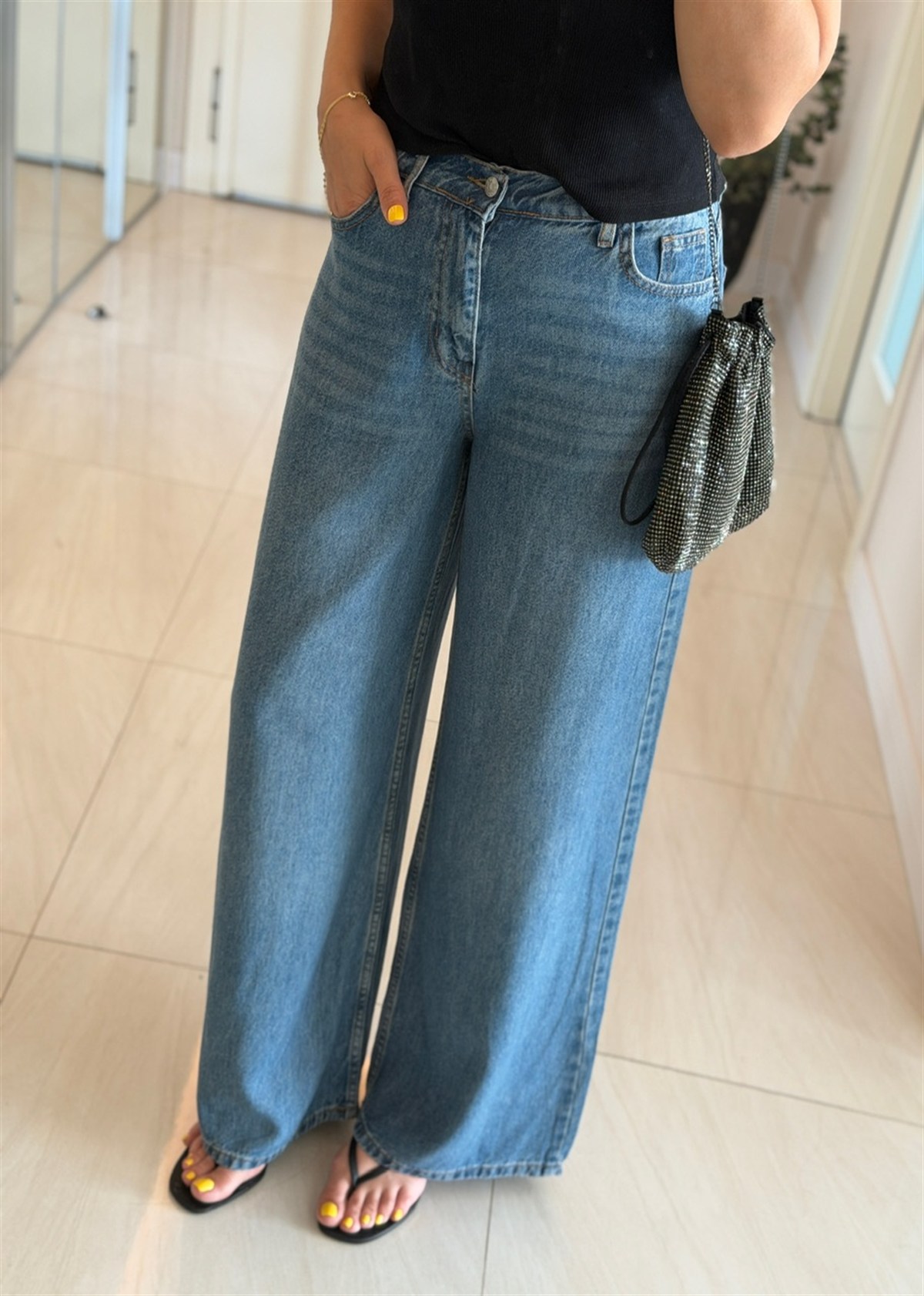 Bel Arkası Lastikli Tensel Denim Palazzo