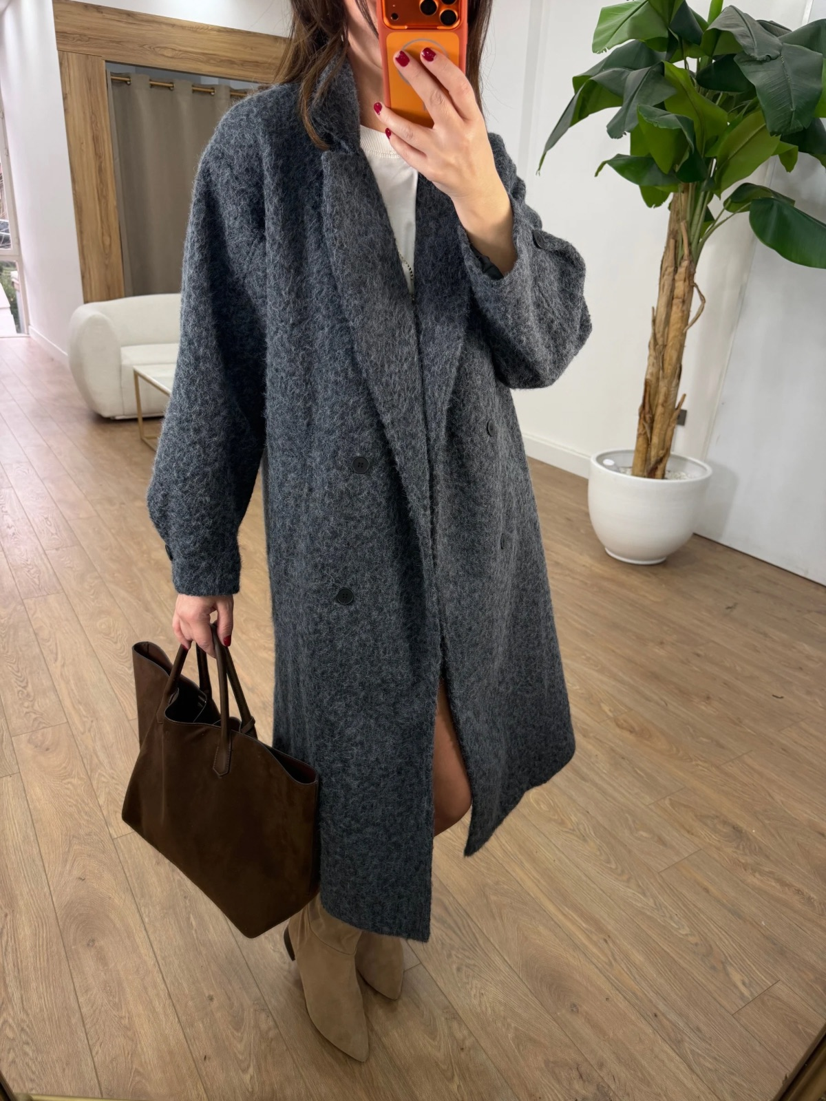 Premium Seri Kolu Düğmeli Buklet Kaban - Antrasit