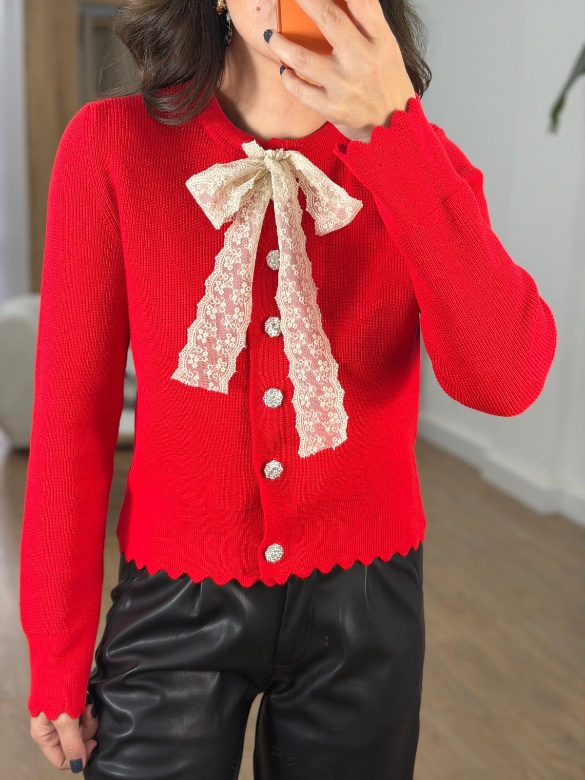 Dantel Fularlı Triko Hırka - Kırmızı