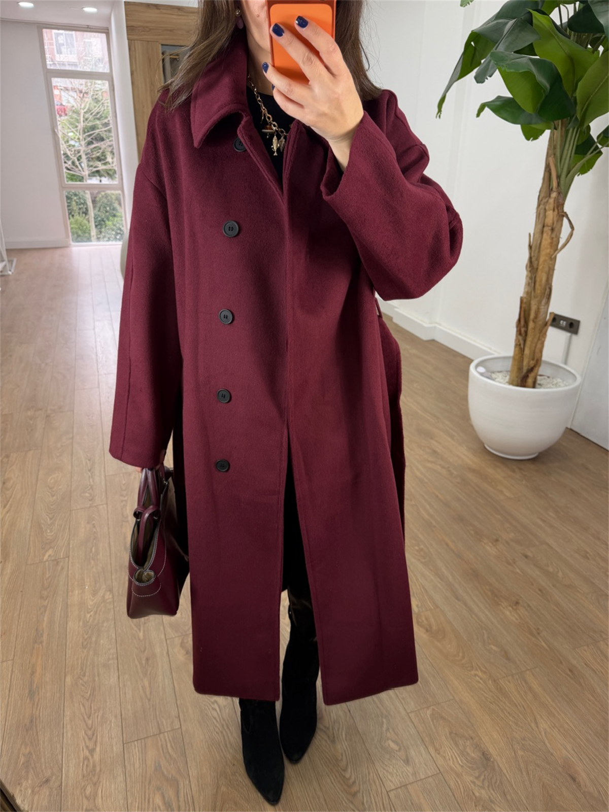 Beli Kuşaklı Uzun Yün Kaban - Bordo