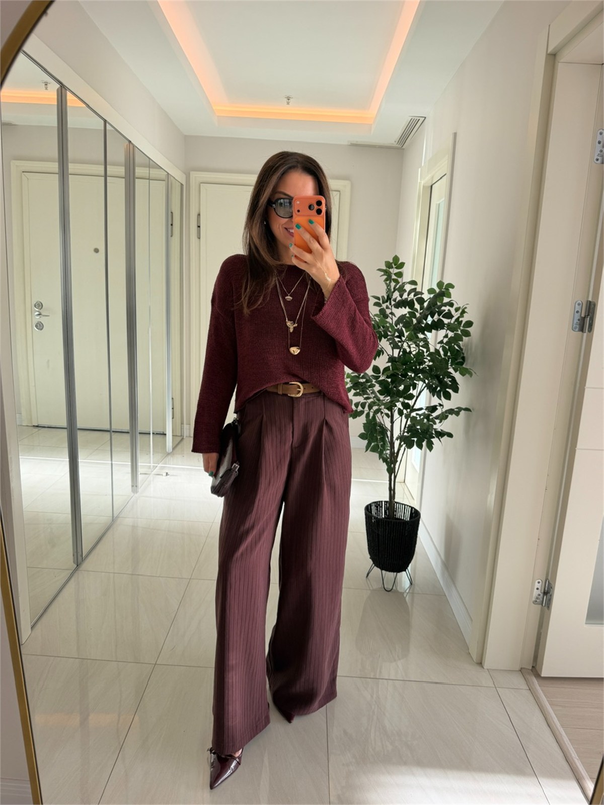 Bel Arkası Lastikli Çizgili Modal Pantolon - Bordo