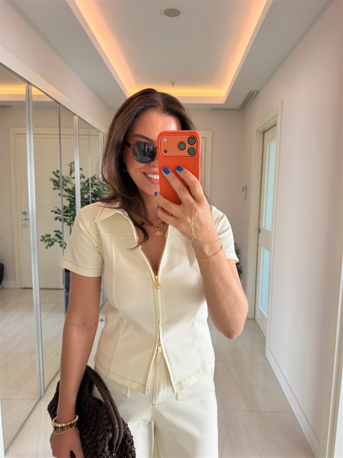 Çift Fermuarlı Likralı Denim Gömlek - Ekru