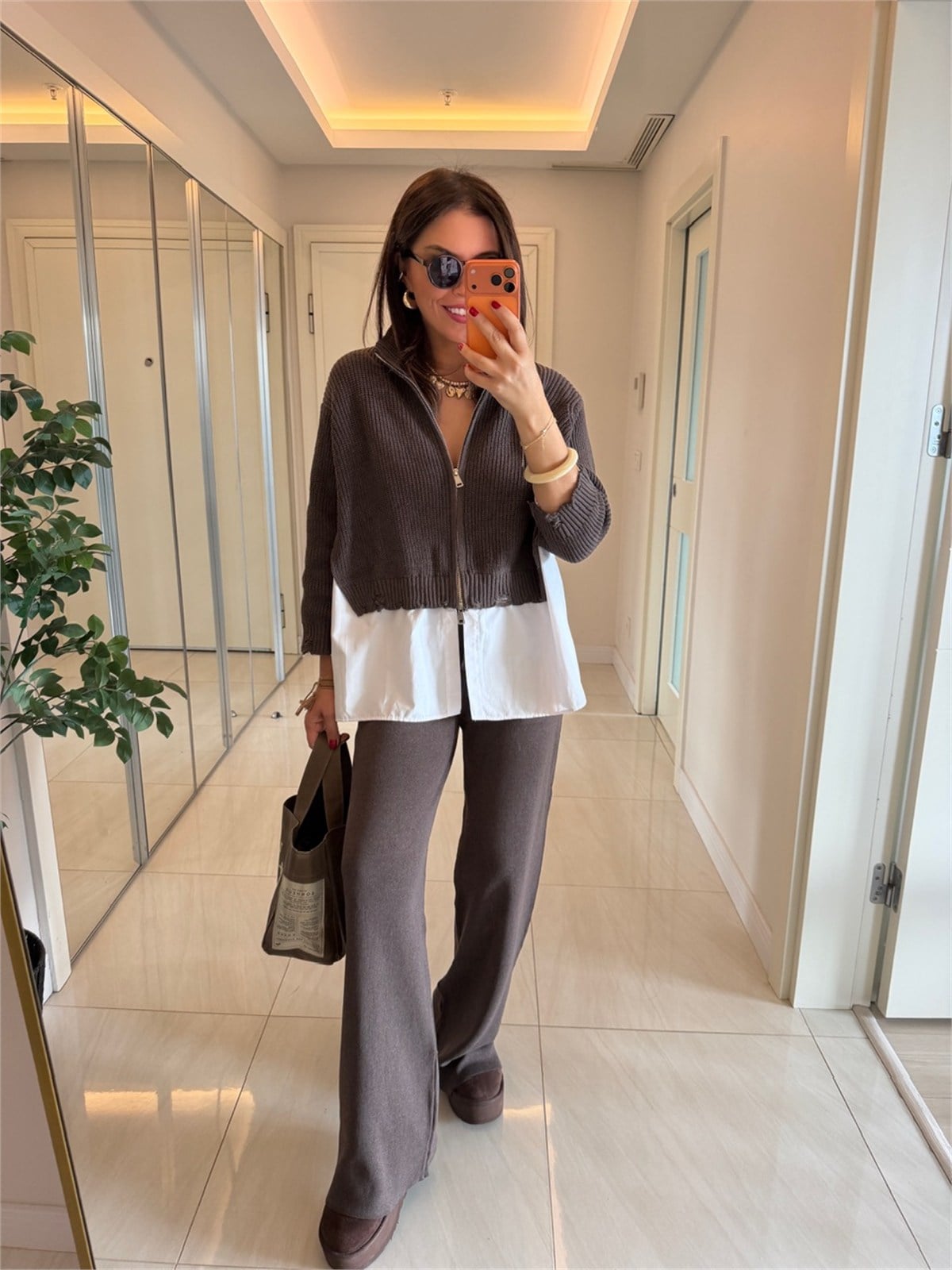 Poplin Detaylı Çift Fermuarlı Triko Takım-Vizon