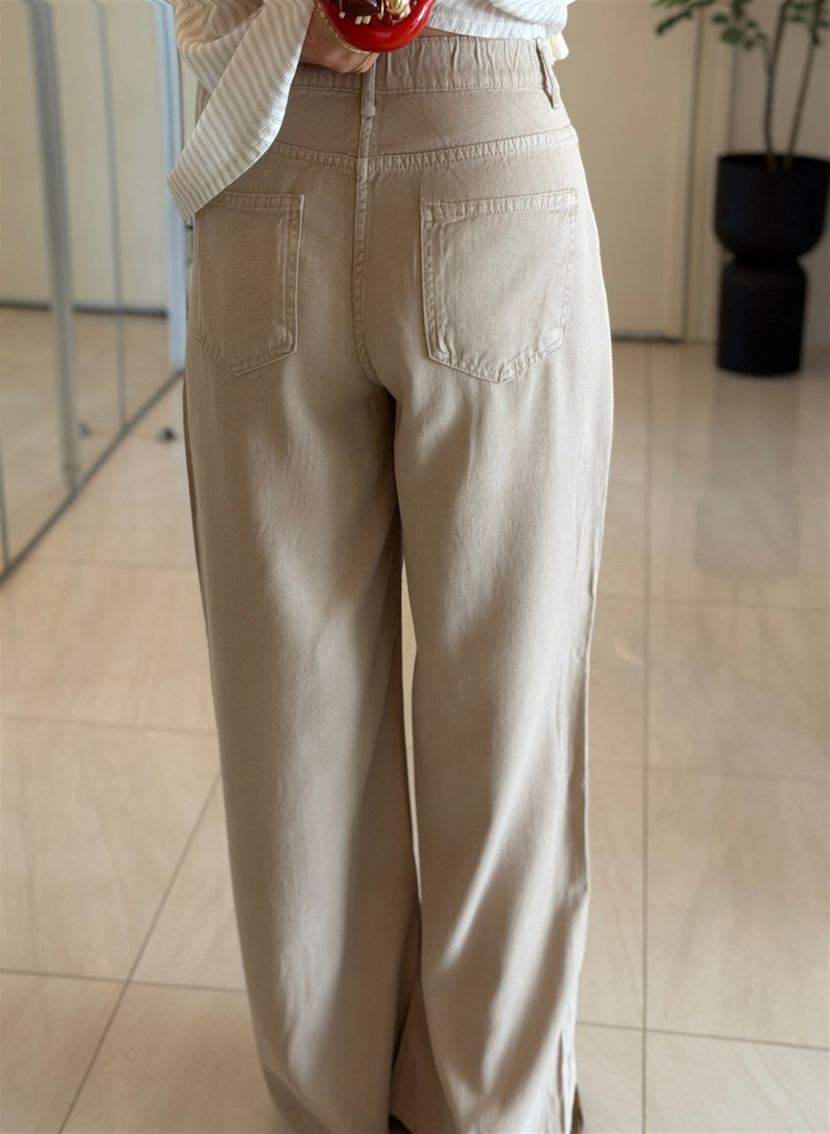 Premium Tensel Palazzo Denim Pantolon - Taş