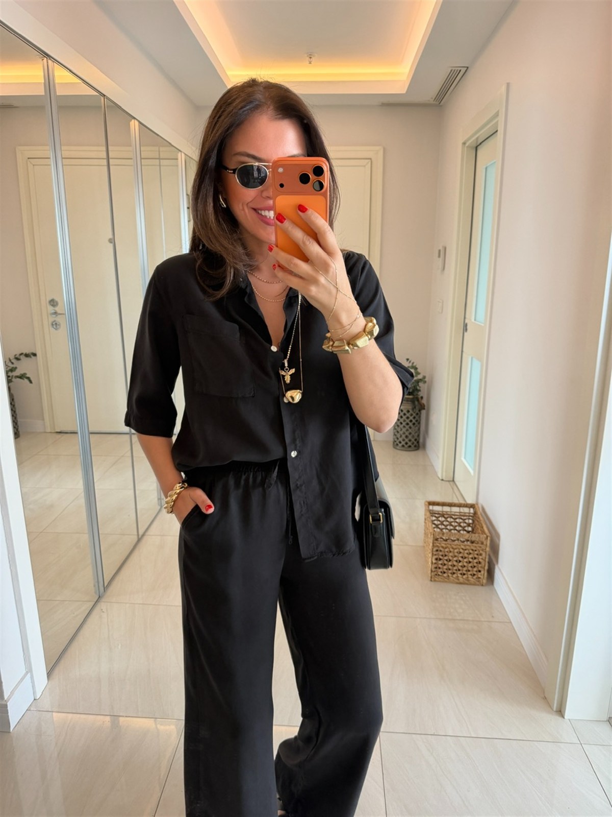Yarım Kol Premium Tensel Denim Takım - Siyah 