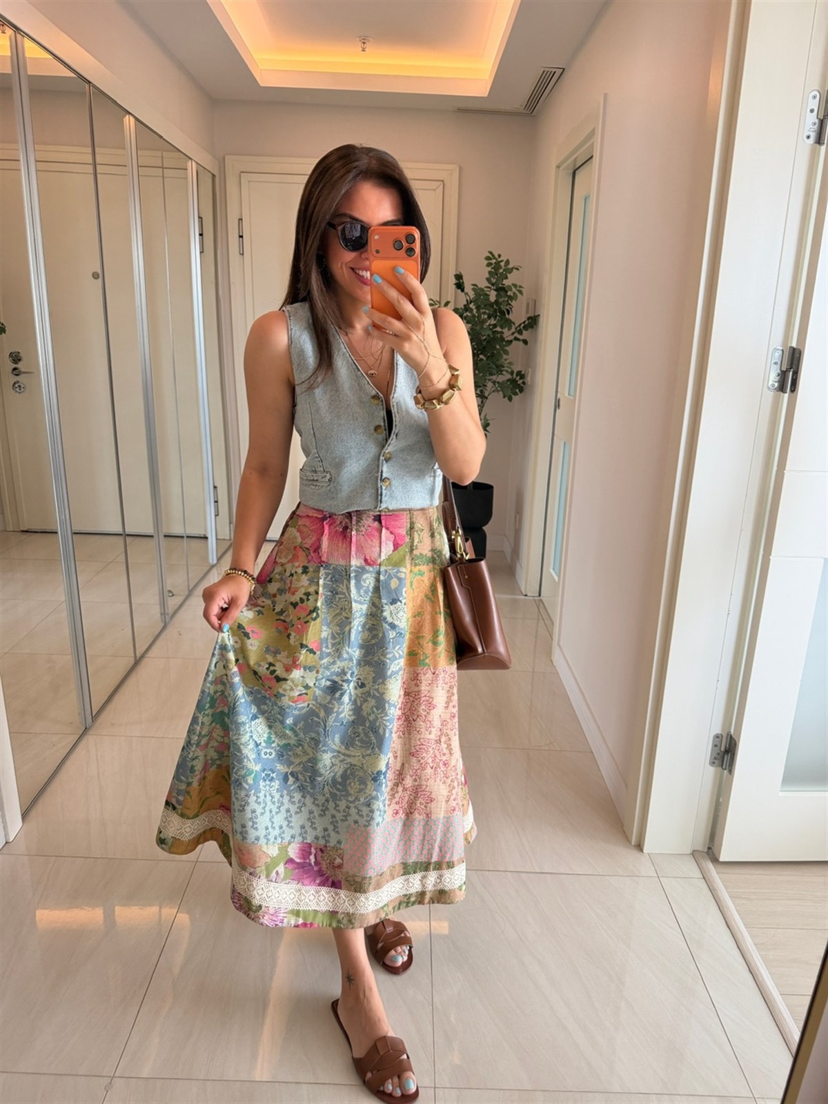 Patchwork Desen Dantel Detaylı Etek