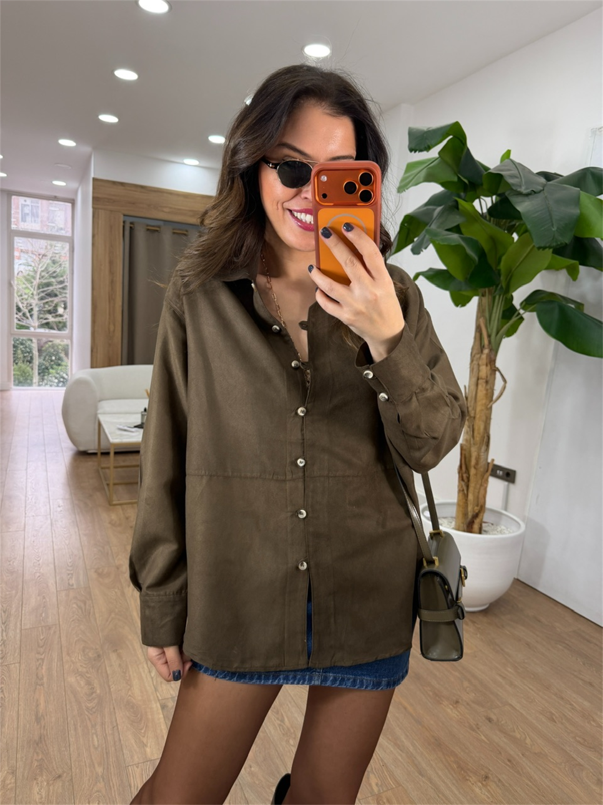 Düğme Detaylı Süet Gömlek - Kahverengi