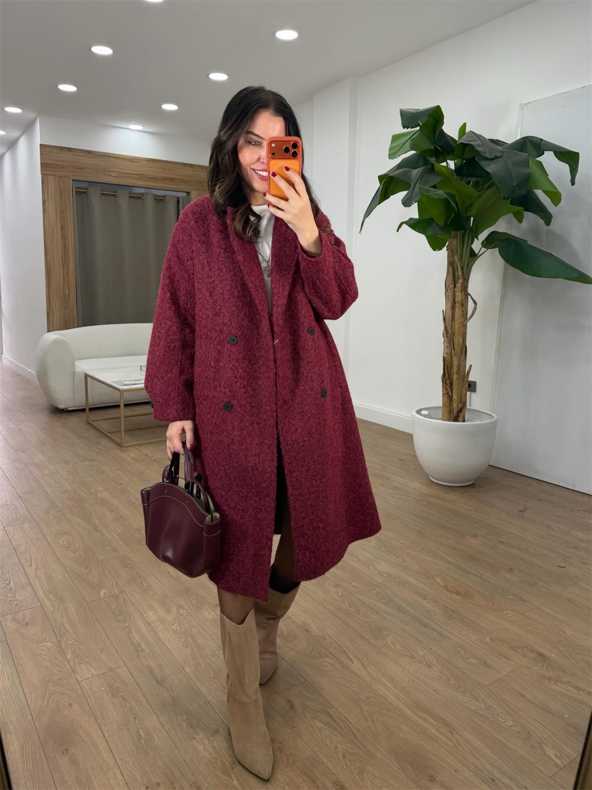 Premium Seri Kolu Düğmeli Buklet Kaban - Bordo