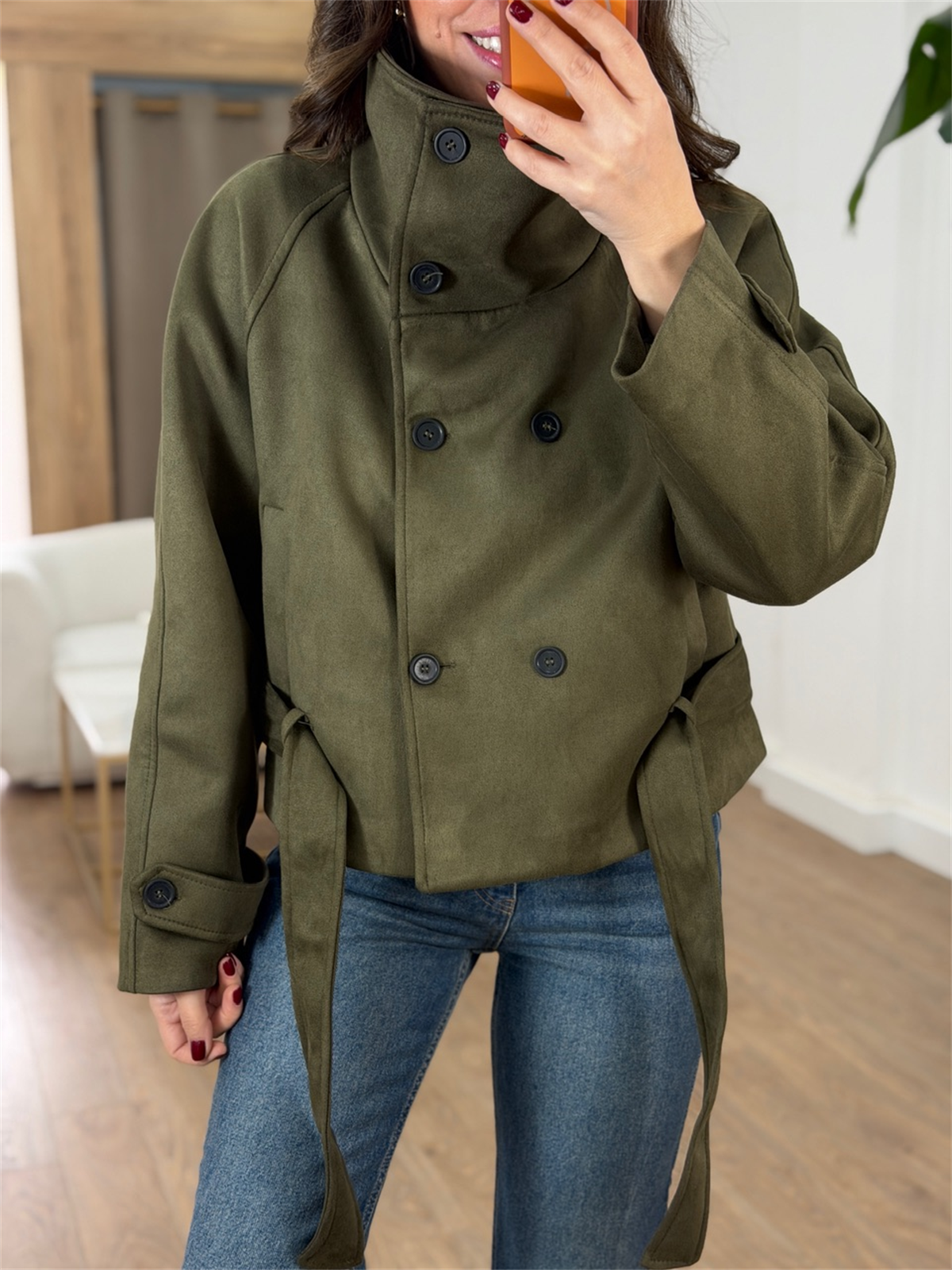 Dik Yaka Kuşaklı Süet Ceket - Haki 