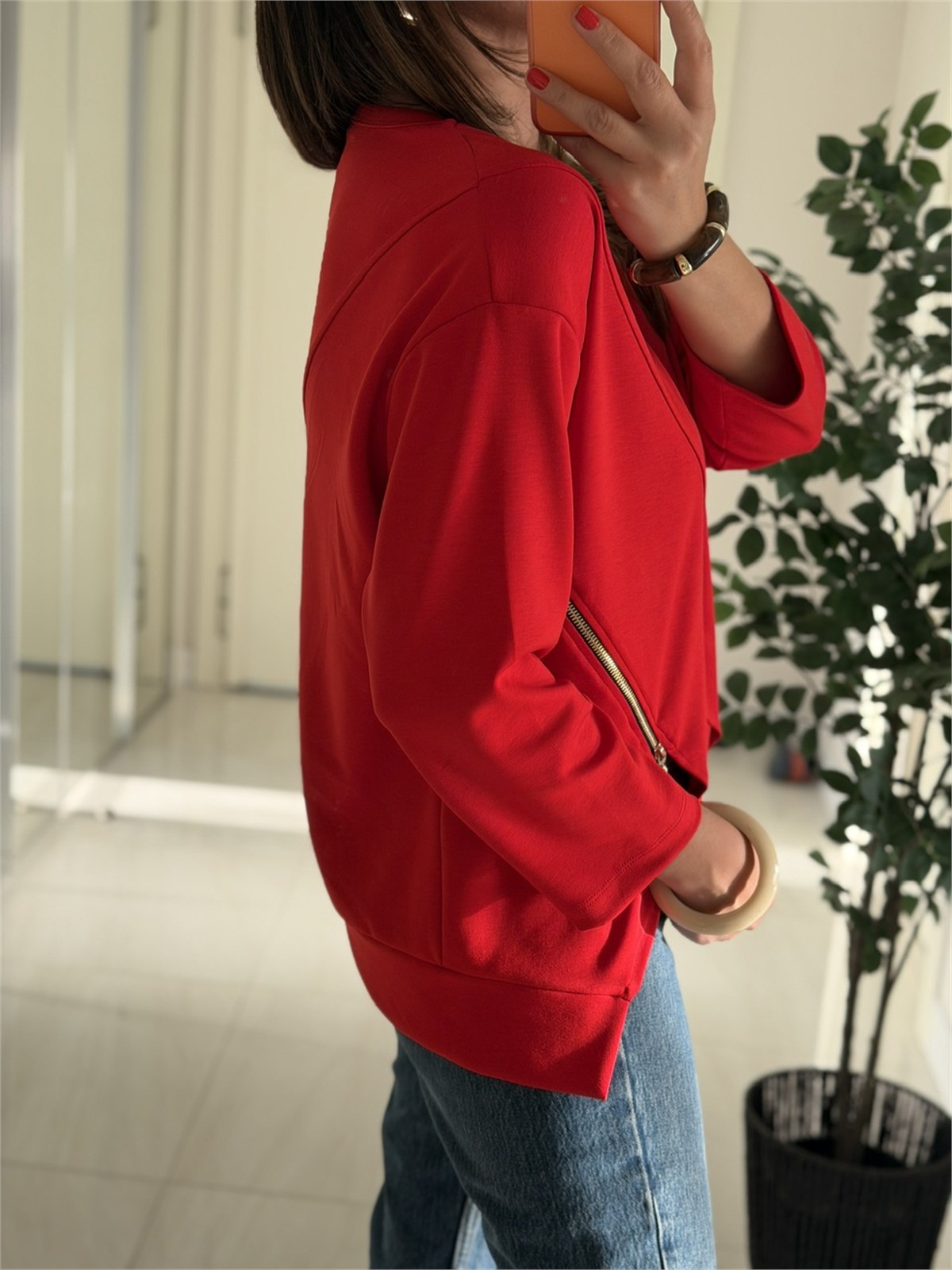 Fermuar Detaylı Modal Sweatshirt-Kırmızı