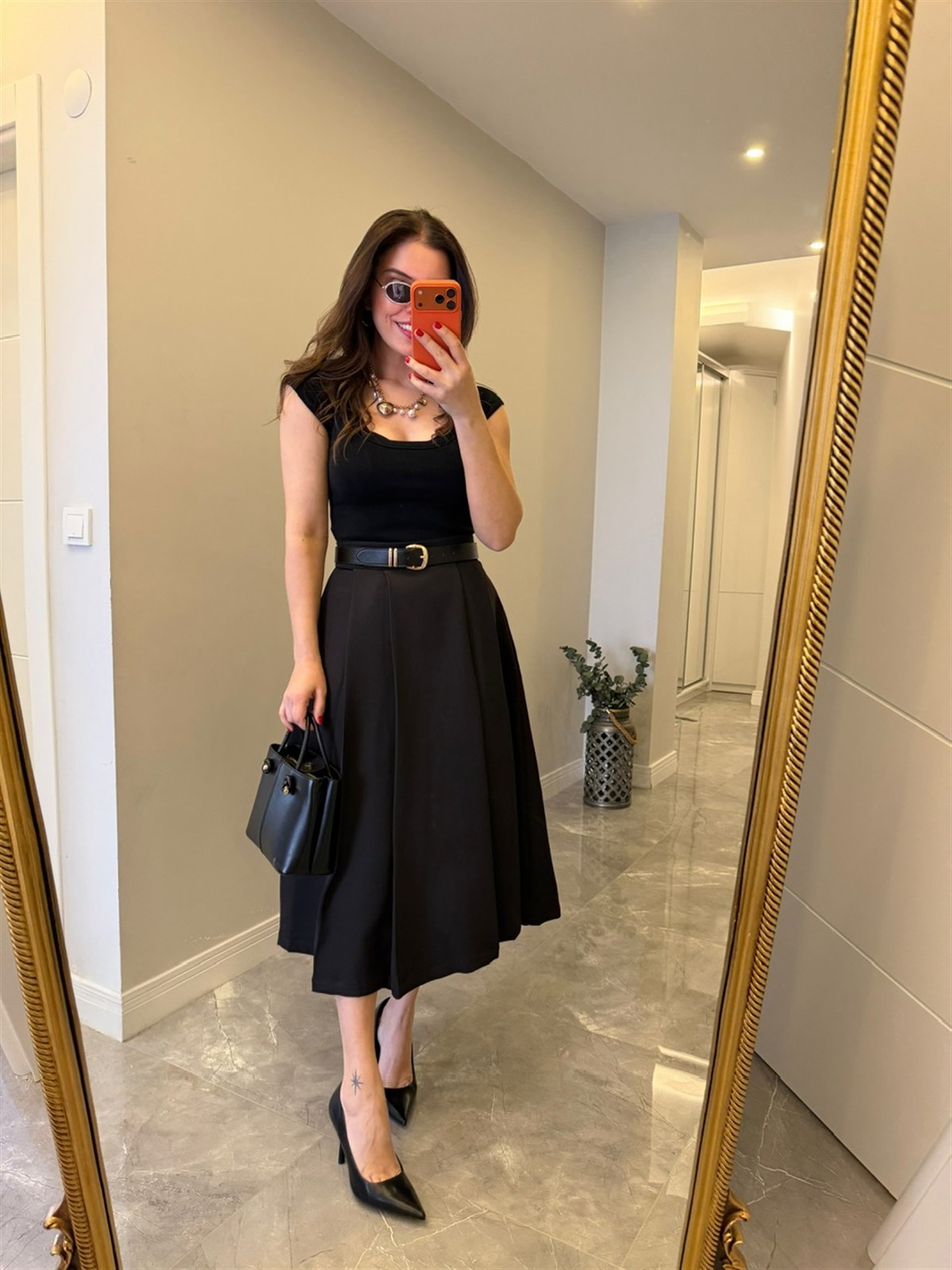 Kalın Pileli Midi Kloş Etek