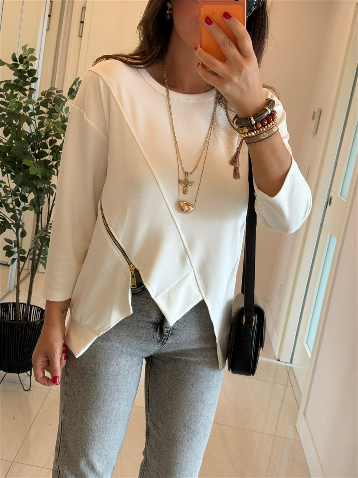 Fermuar Detaylı Modal Sweatshirt-Beyaz