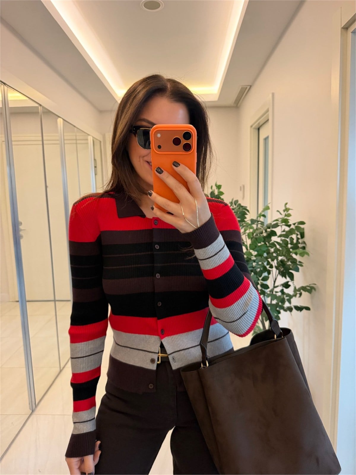 Kırmızı Kahve Gri Çizgili Polo Yaka Triko Hırka