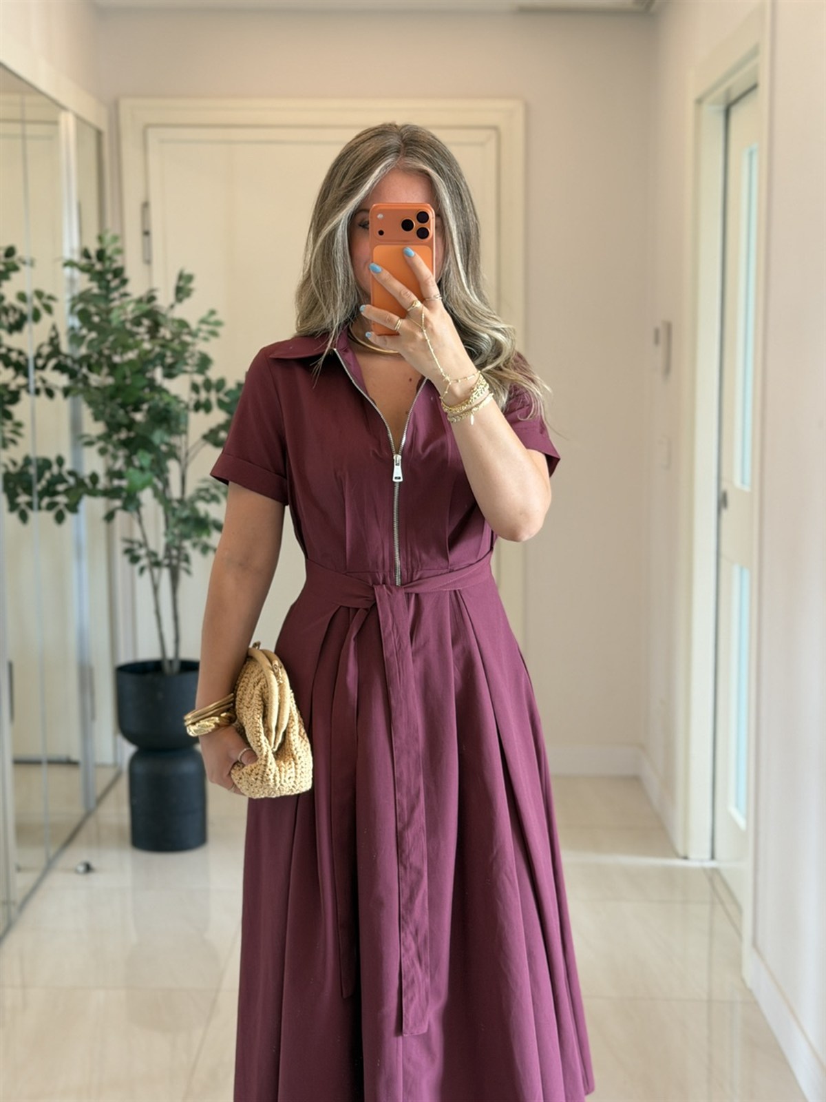 Önü Bağlama Detaylı Polo Yaka Cepli Poplin Elbise-Bordo