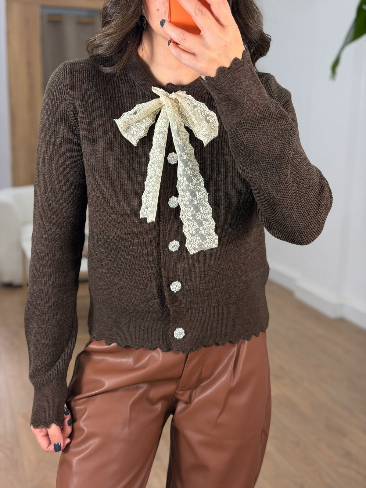 Dantel Fularlı Triko Hırka - Kahverengi