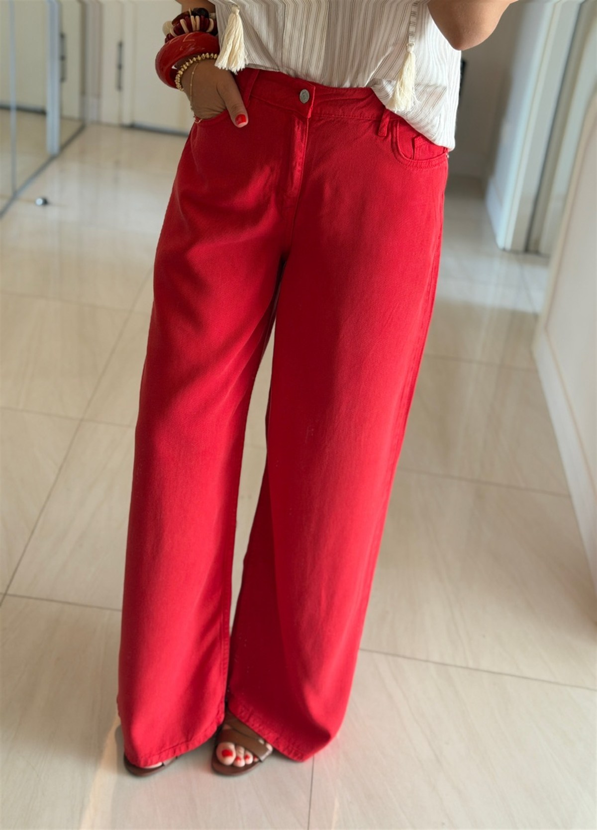 Premium Tensel Palazzo Denim Pantolon - Kırmızı