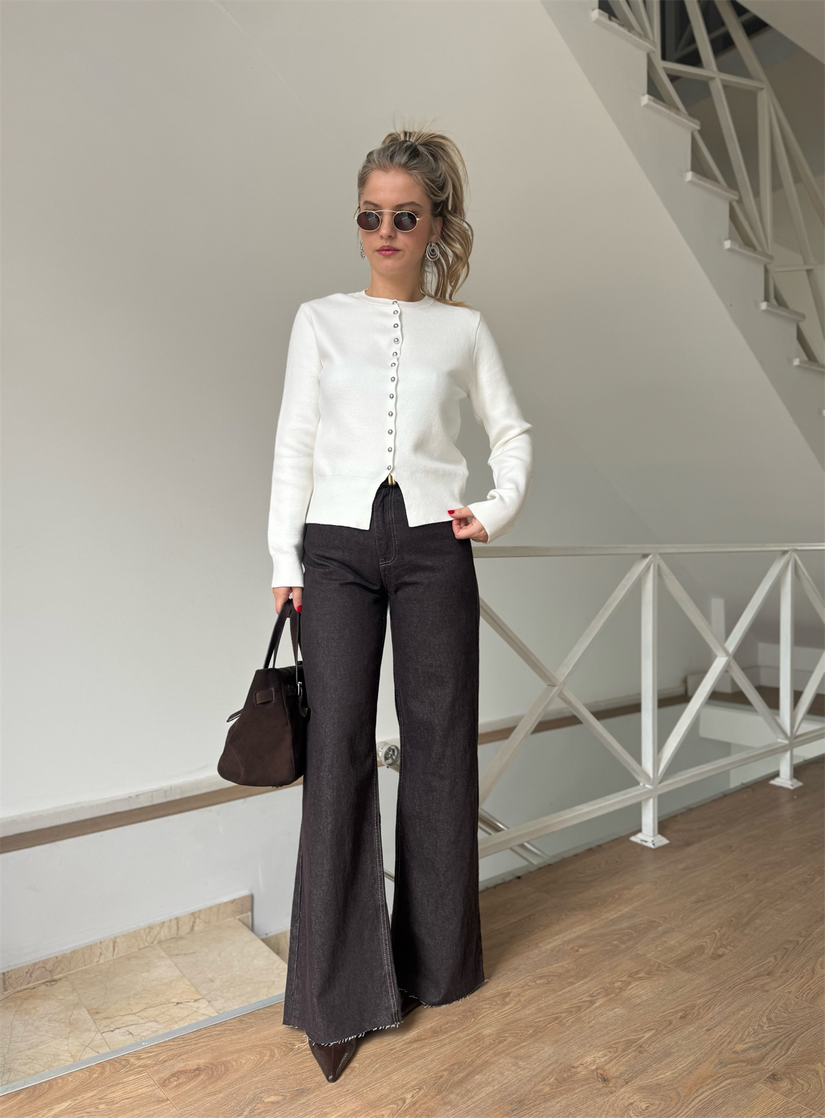 Süet Kemerli İspanyol Paça Jean - Kahverengi