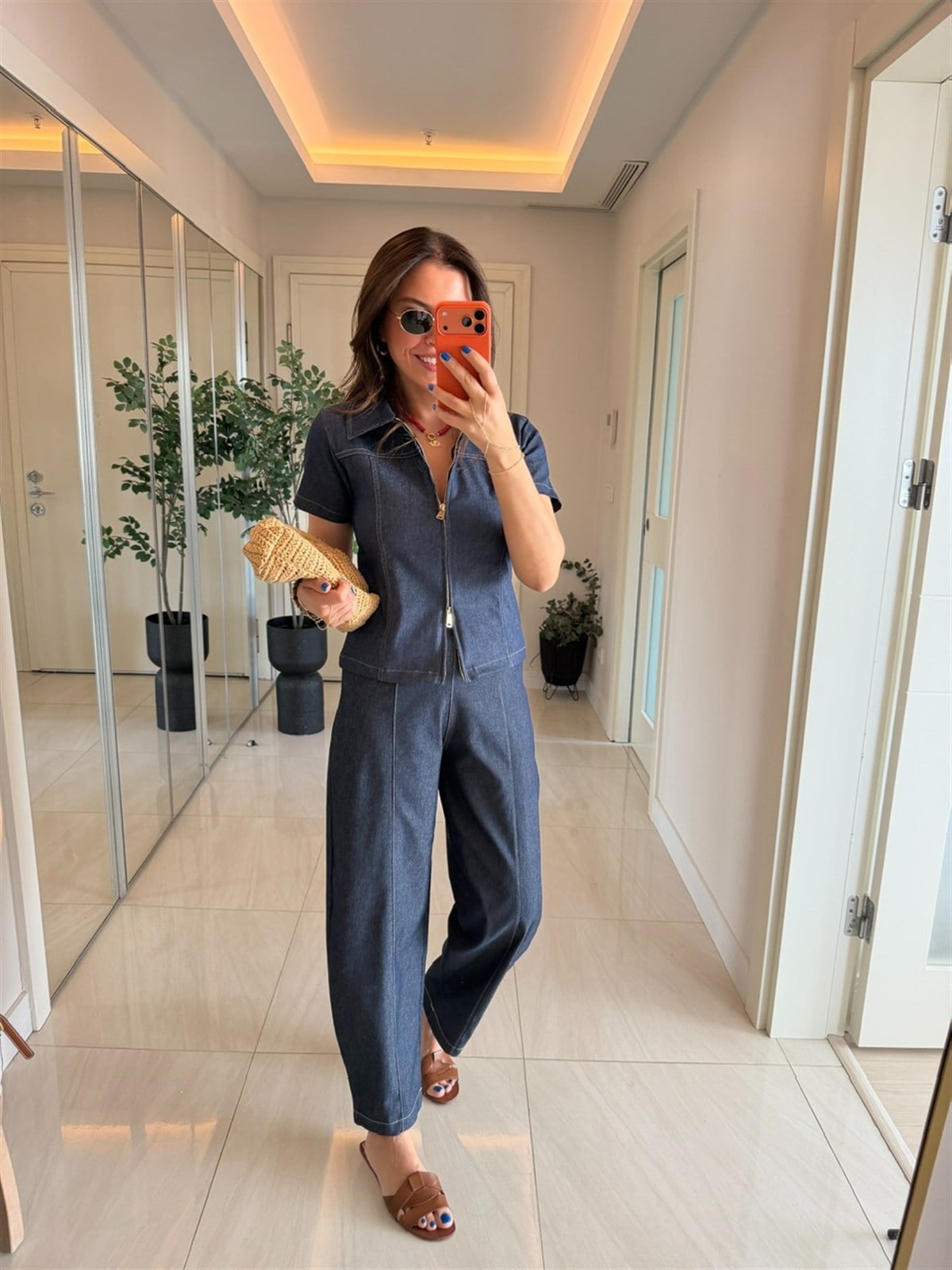 Çift Fermuarlı Likralı Denim Gömlek - Mavi