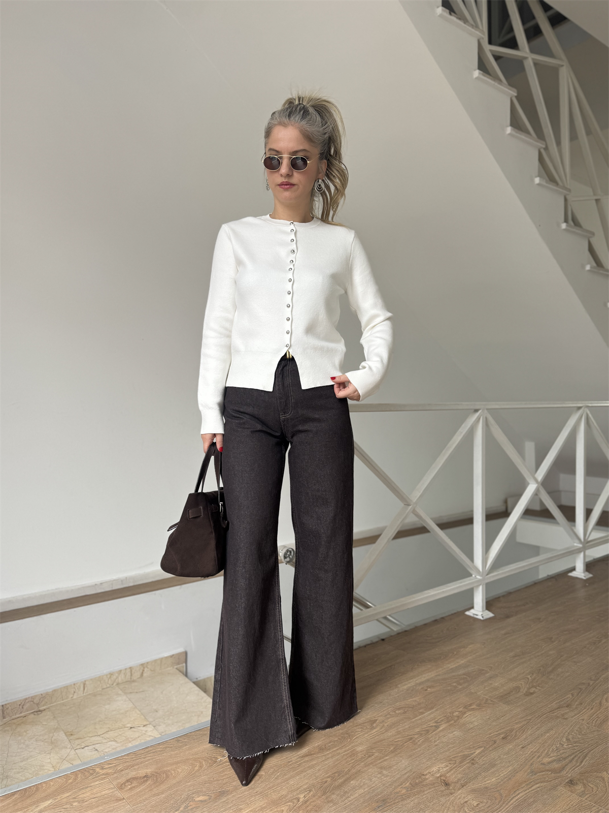 Bisiklet Yaka Düğmeli Triko Hırka - Ekru