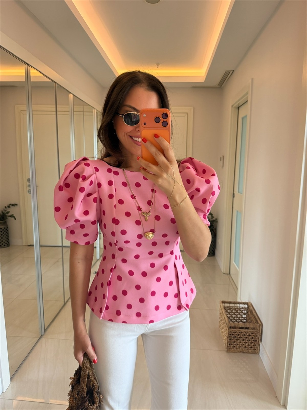 Karpuz Kol Puantiye Detay Bluz - Pembe