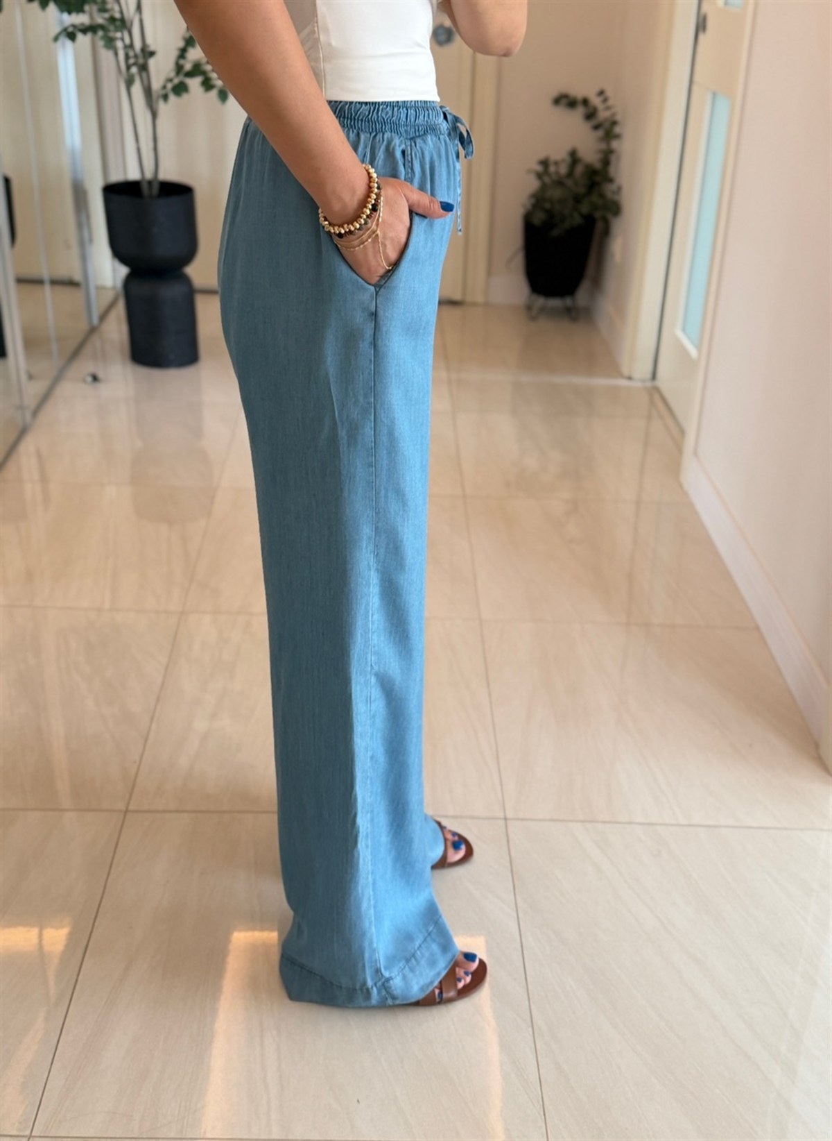 Beli Lastikli Tensel Denim Palazzo - Buz Mavisi