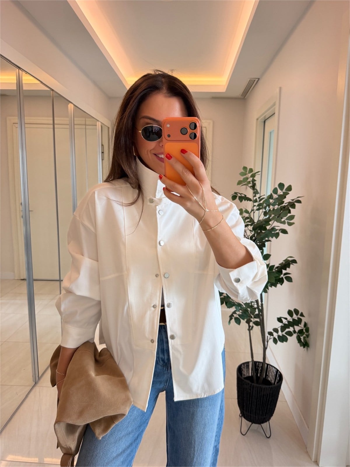 Dik Yaka Çıtçıtlı Gömlek Ceket-Ekru