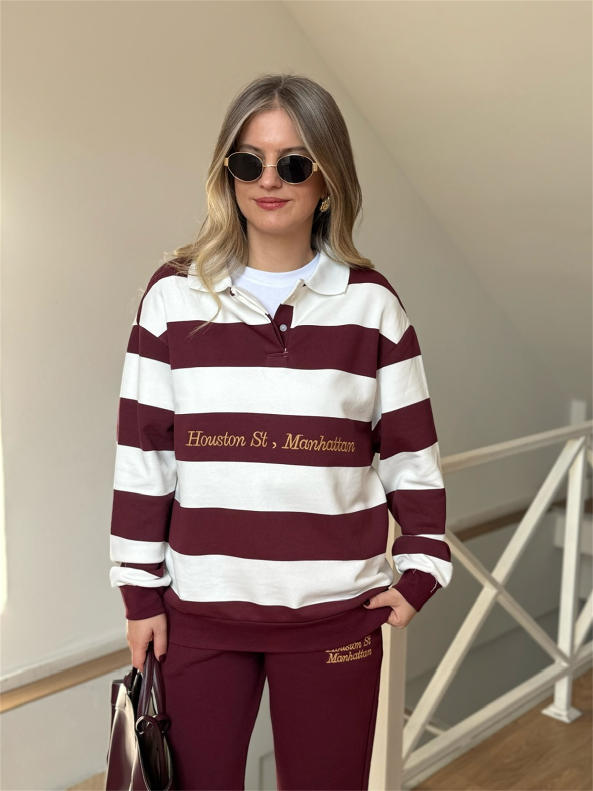 Çizgili Sweatshirt Eşofman Takım - Bordo