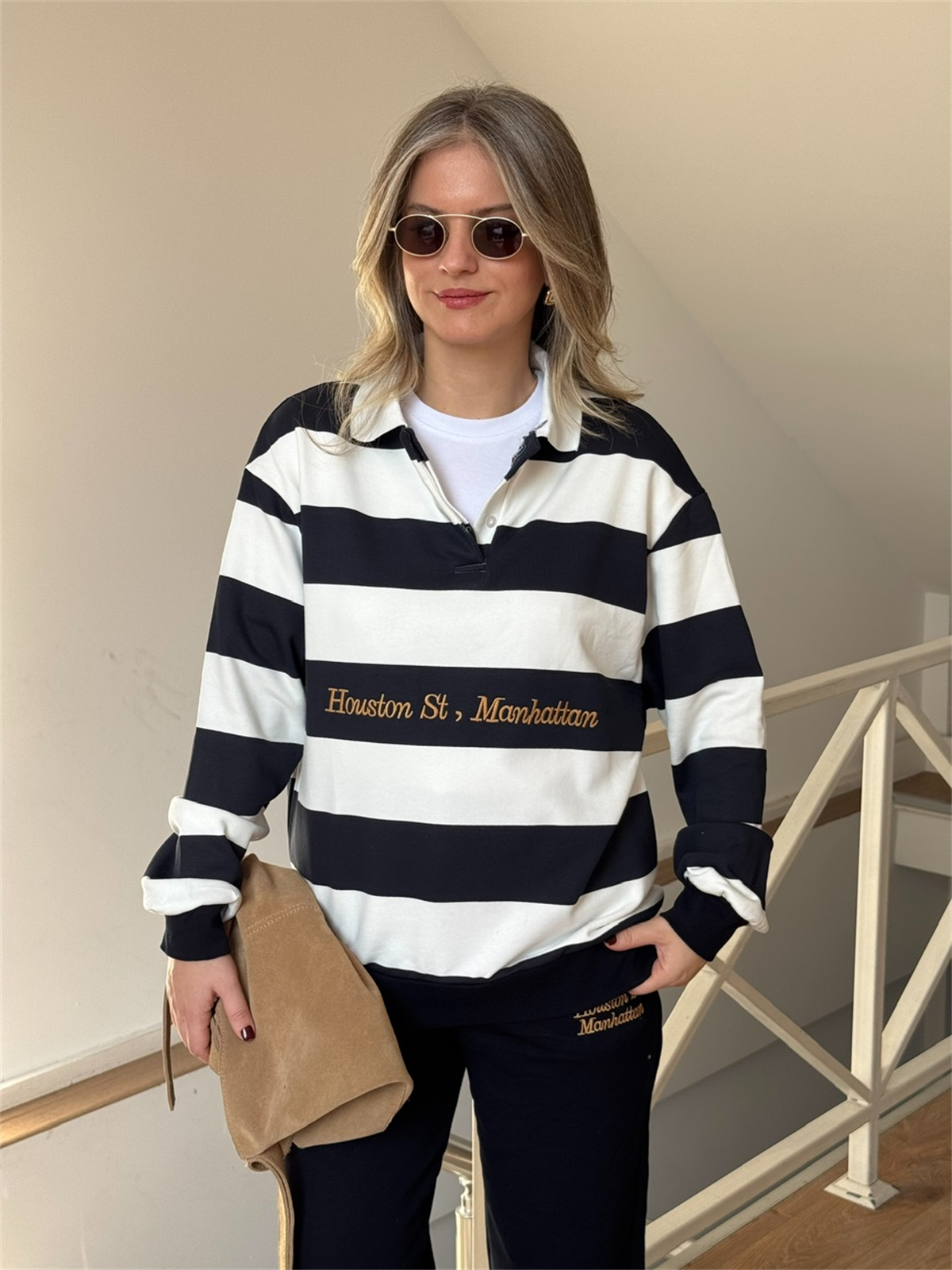 Çizgili Sweatshirt Eşofman Takım - Lacivert