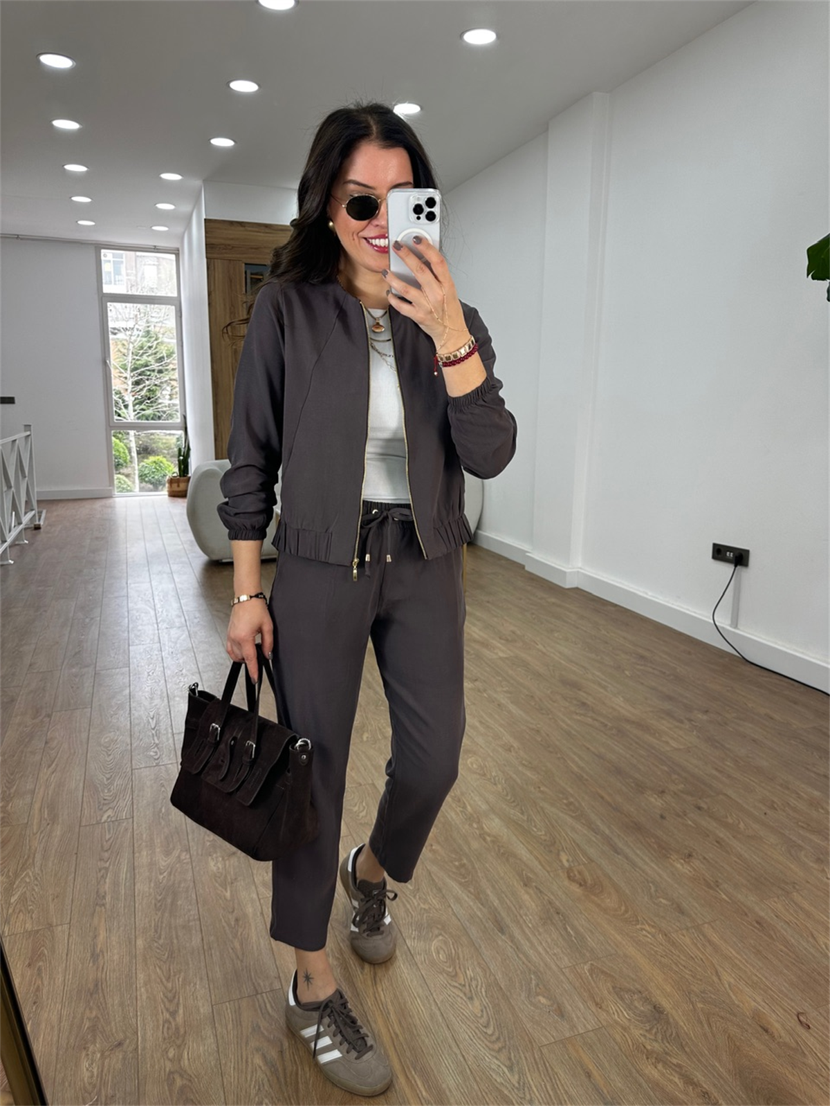 Fermuarlı Pantolon Ceket Takım - Kahverengi