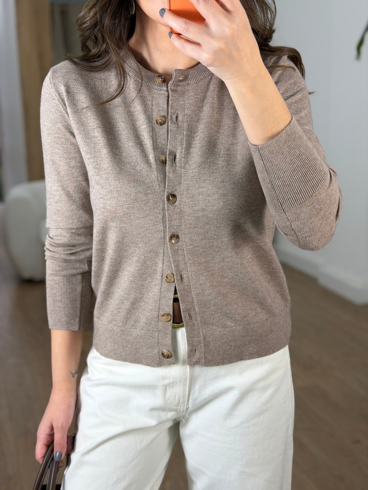 Bisiklet Yaka Düğmeli Triko Hırka - Bej