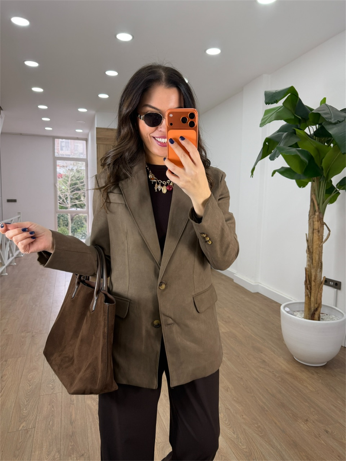 İki Düğmeli Süet Ceket - Sütlü Kahve