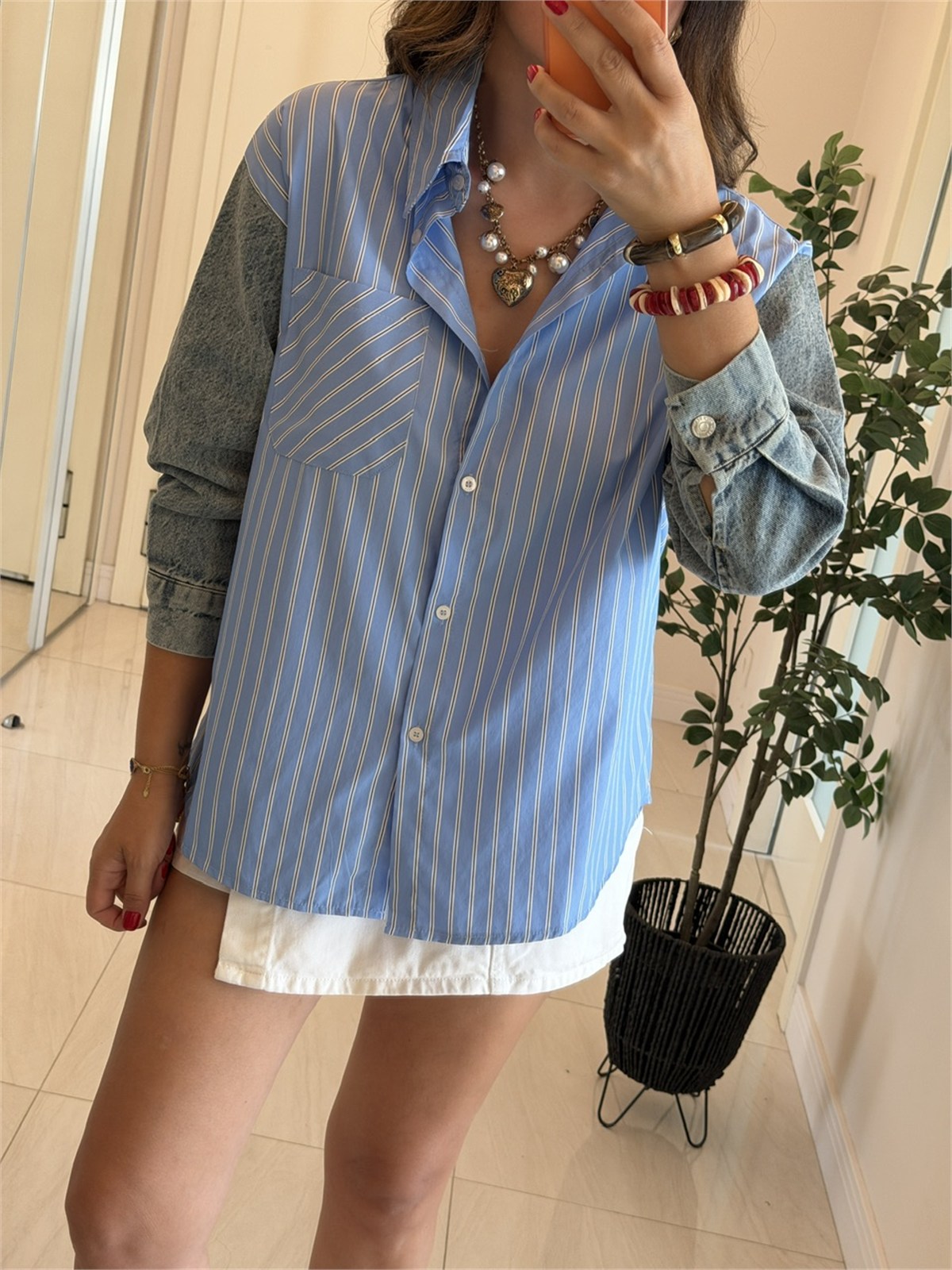 Çizgili Poplin Denim Mix Gömlek - Mavi