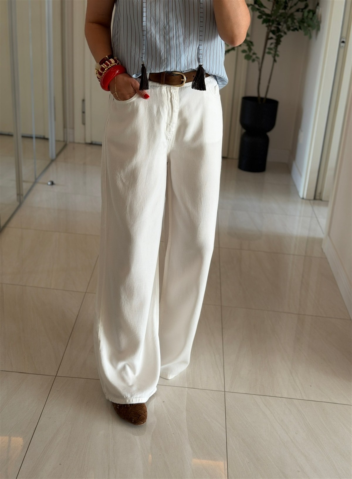Premium Tensel Palazzo Denim Pantolon - Beyaz 