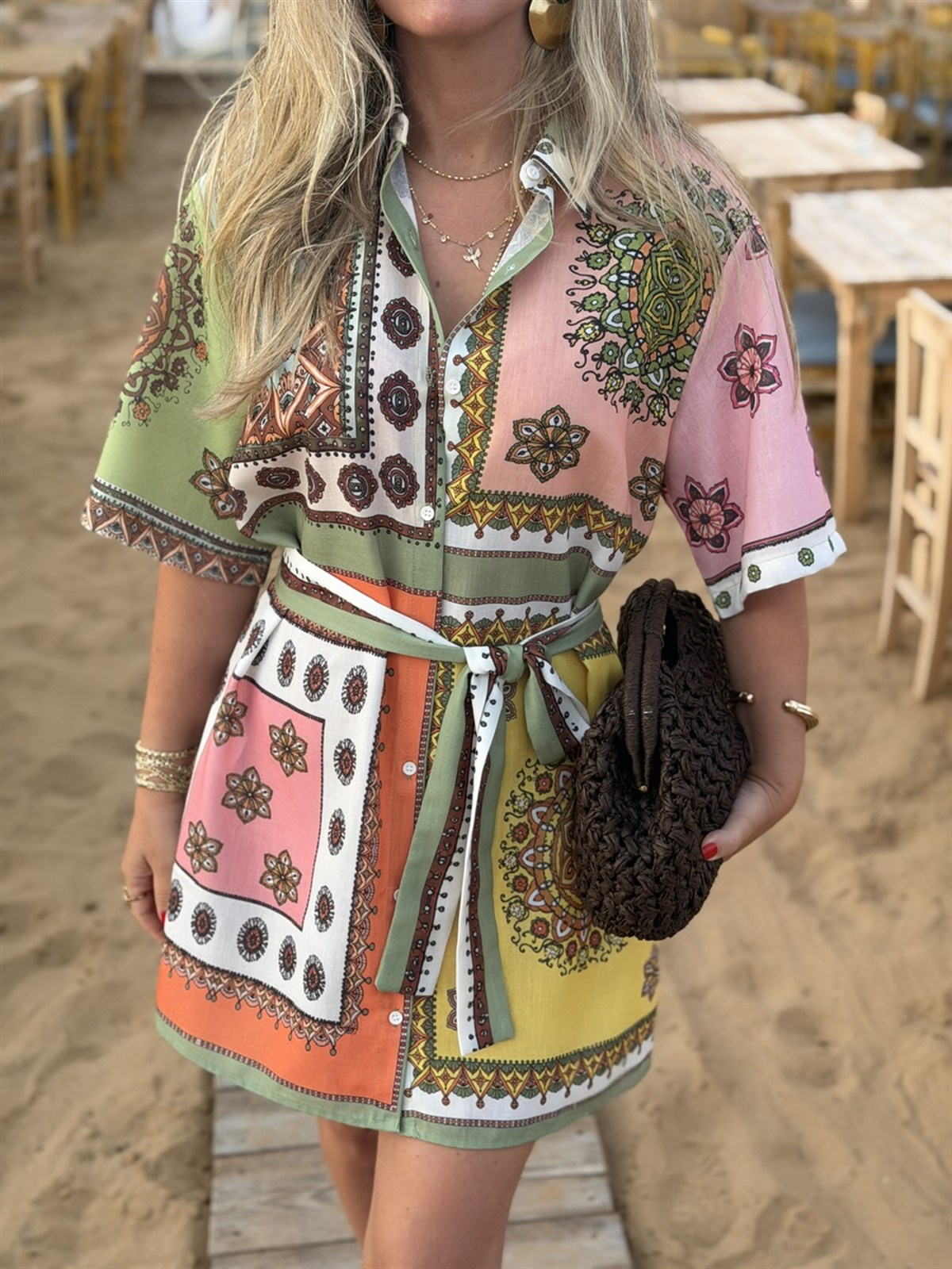 Patchwork Desen Kuşaklı Mini Elbise 
