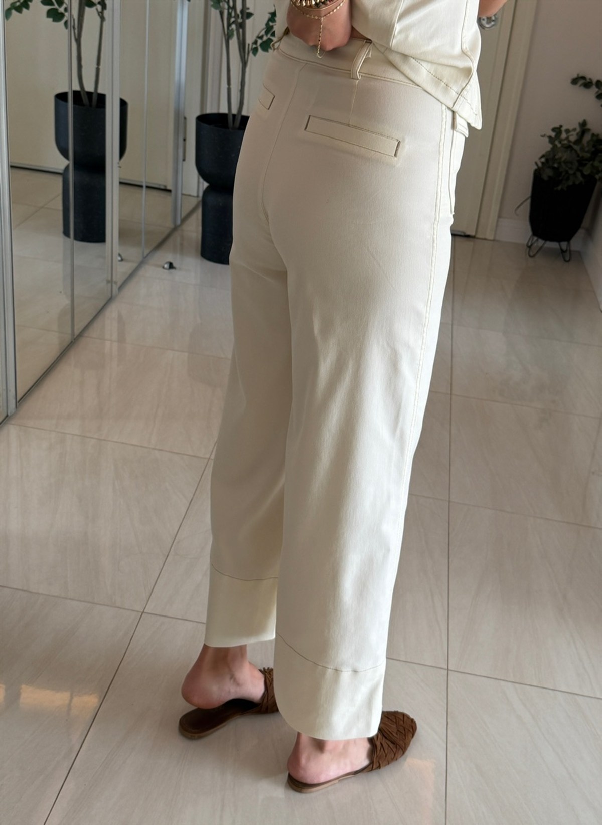 Önü Cepli Likralı Duble Paça Denim Pantolon - Ekru