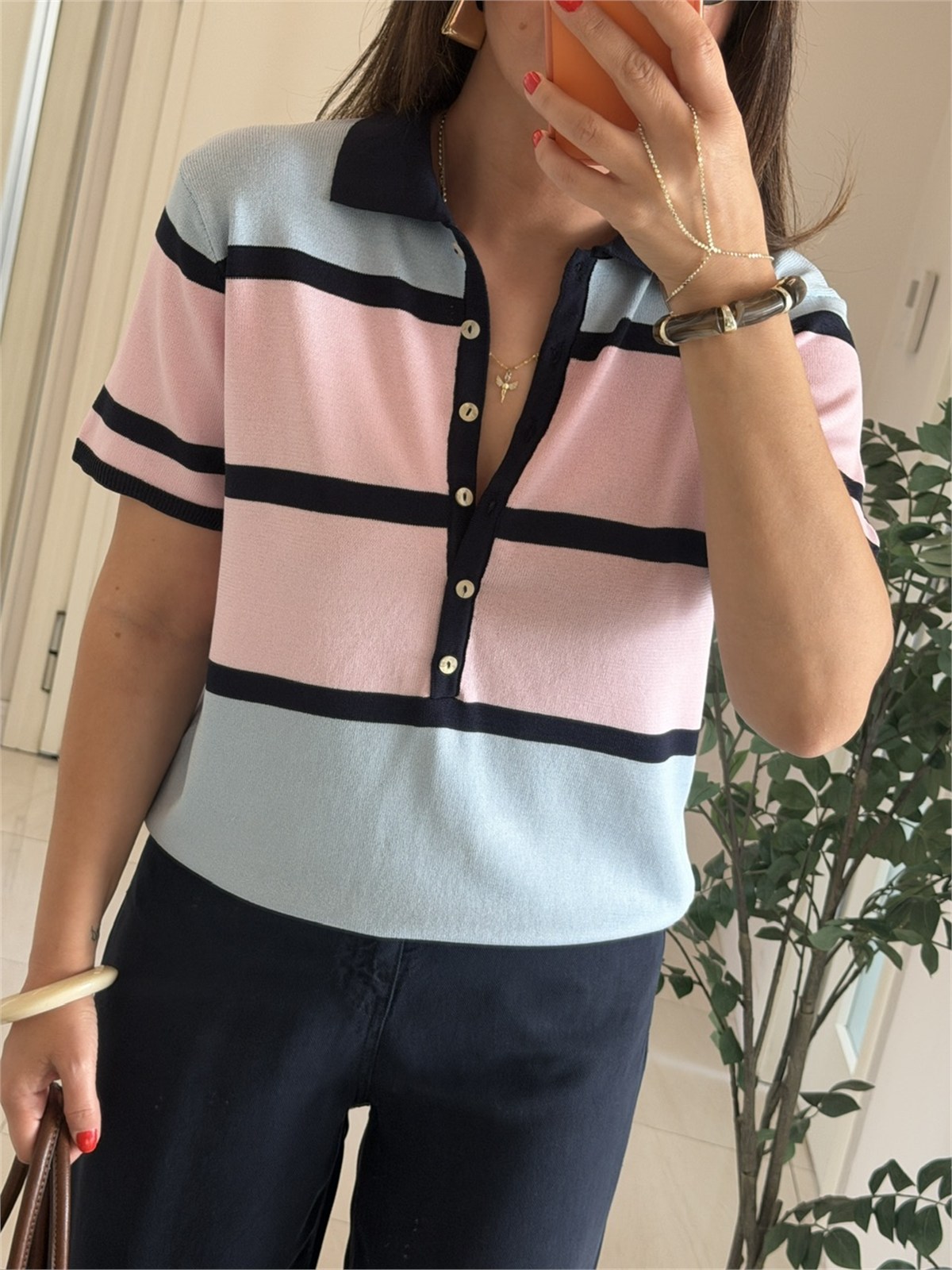 Polo Yaka Pembe Mavi Çizgili Merserize Triko