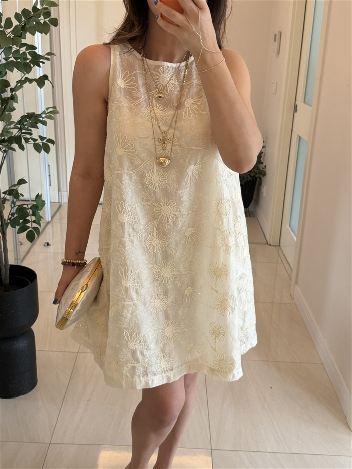 Nakış İşlemeli Premium Elbise - Ekru