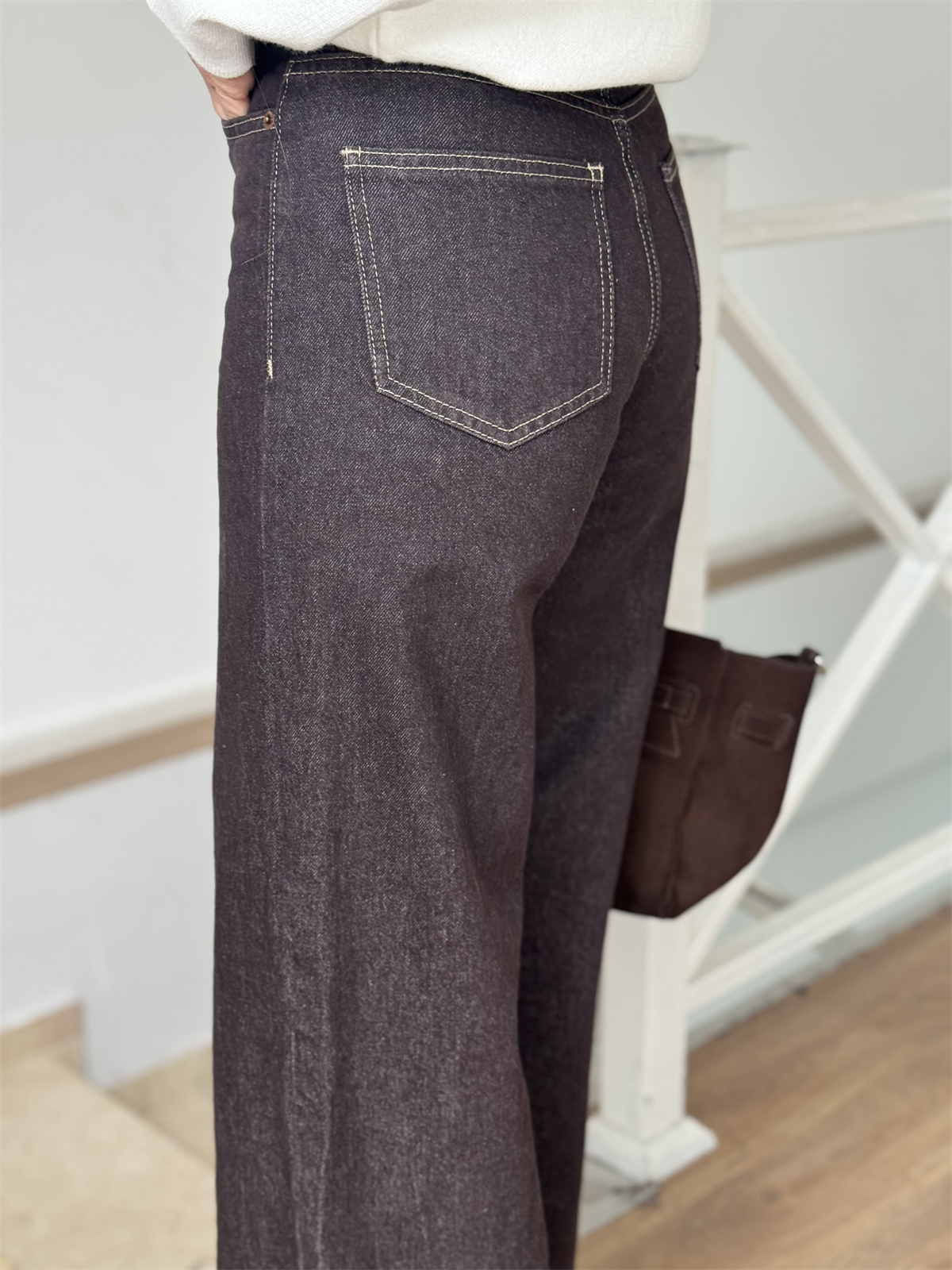 Süet Kemerli İspanyol Paça Jean - Kahverengi