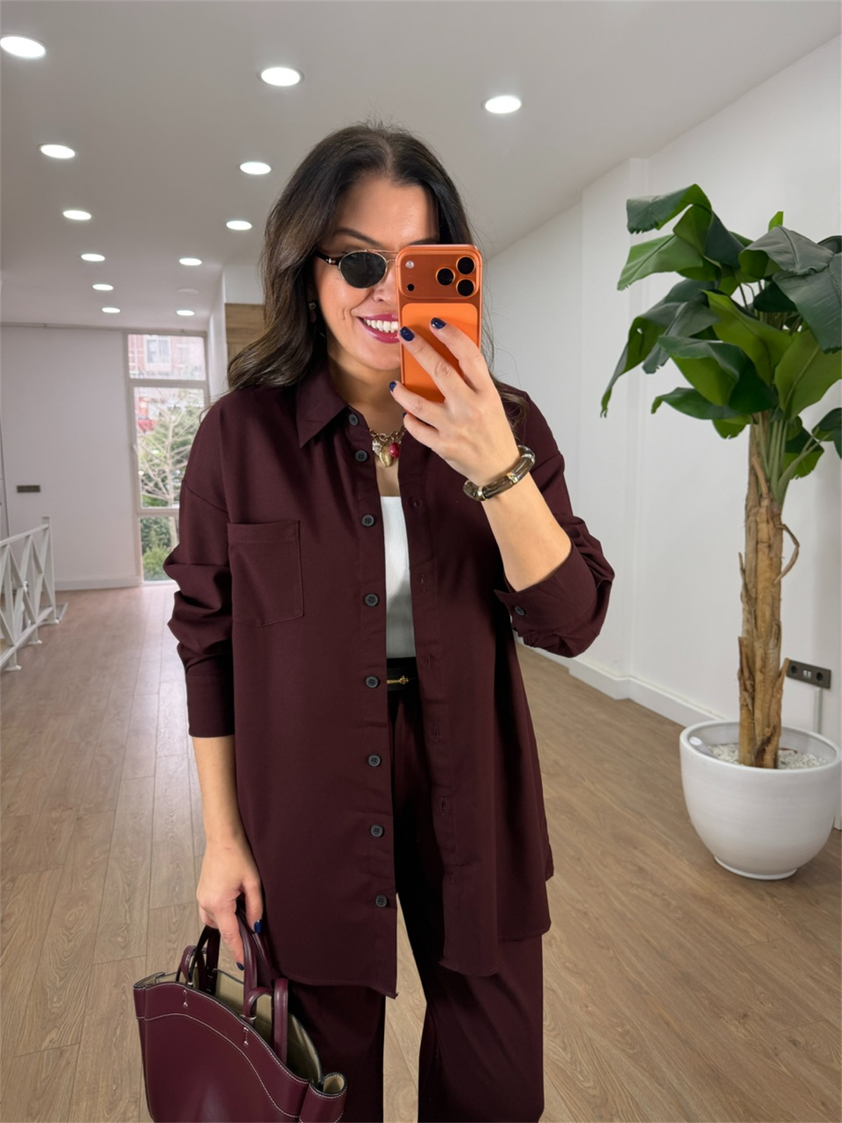 Cep Detaylı Gömlek Pantolon Takım - Bordo