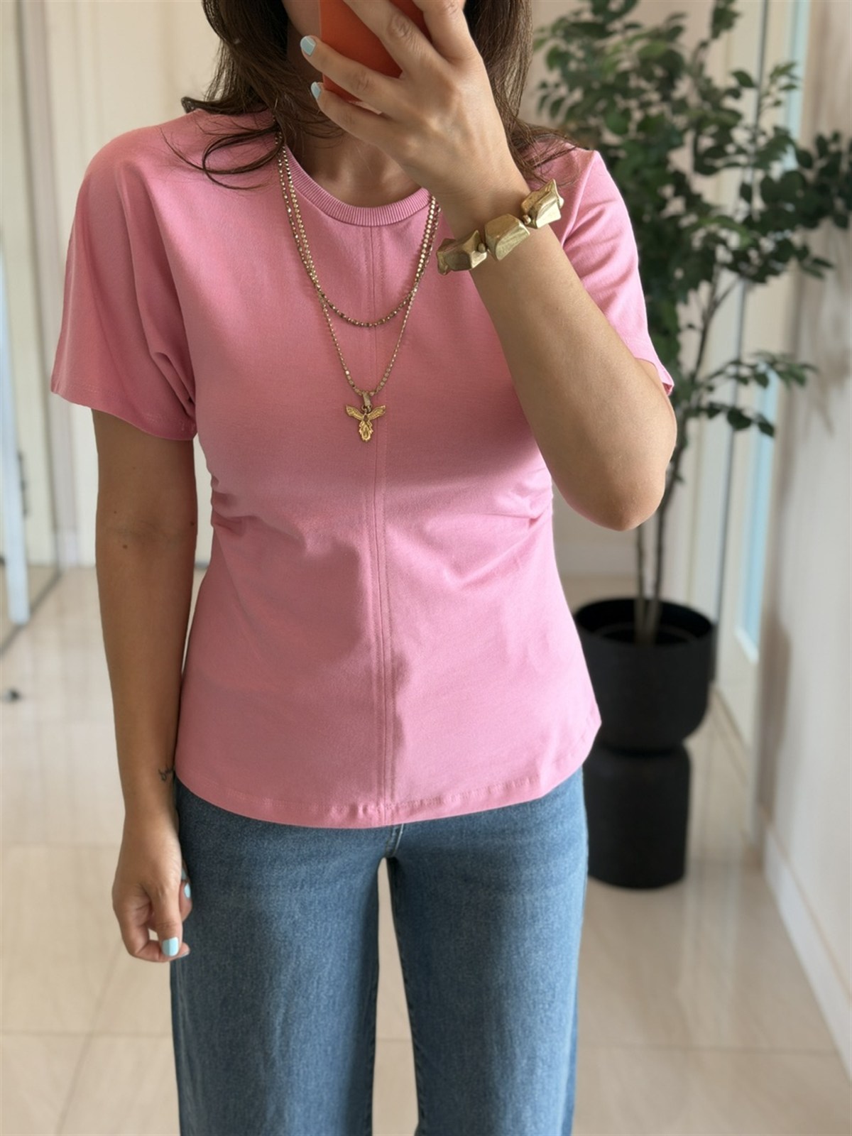 Dilvin Yarasa Kol Tişört-Pembe