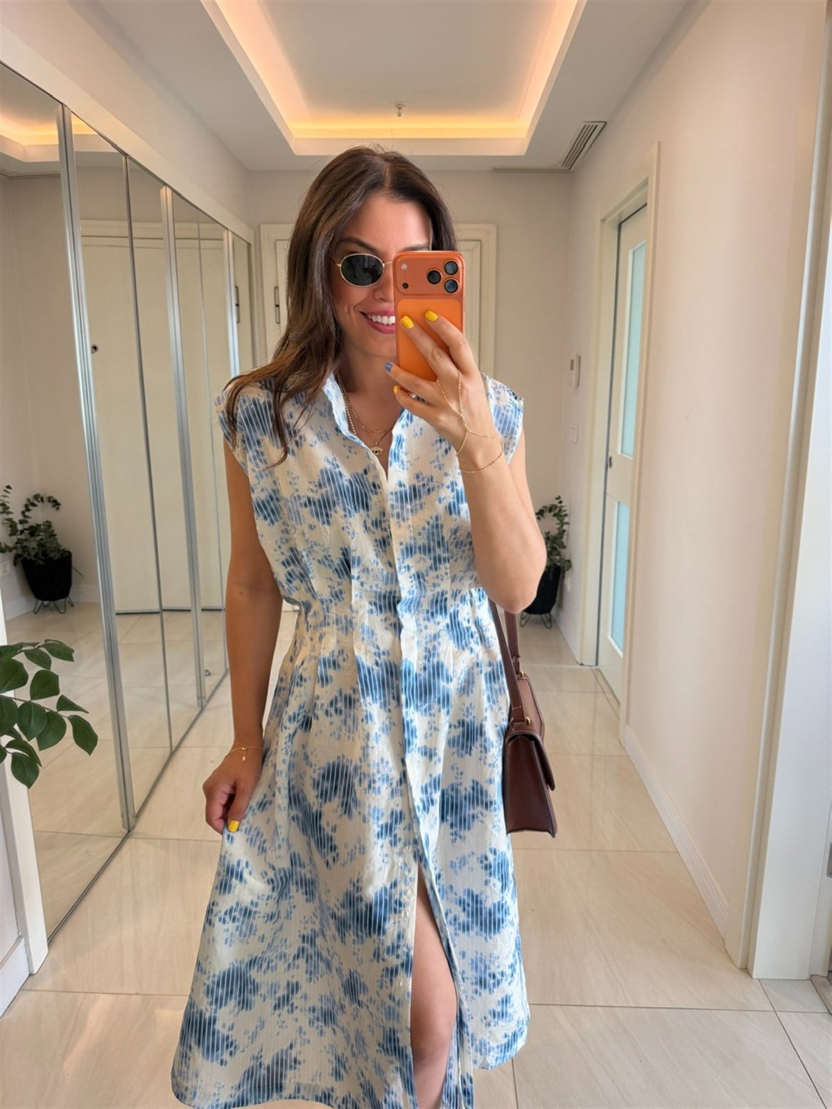 Beli Dikiş Detaylı Cepli Tensel Elbise-Mavi