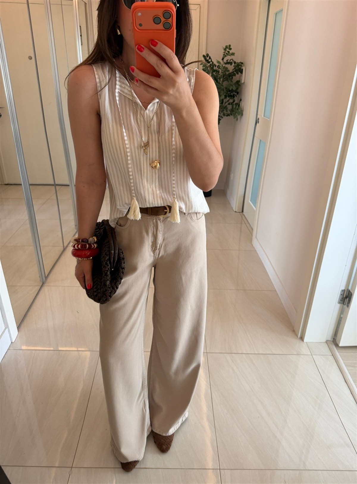Premium Tensel Palazzo Denim Pantolon - Taş