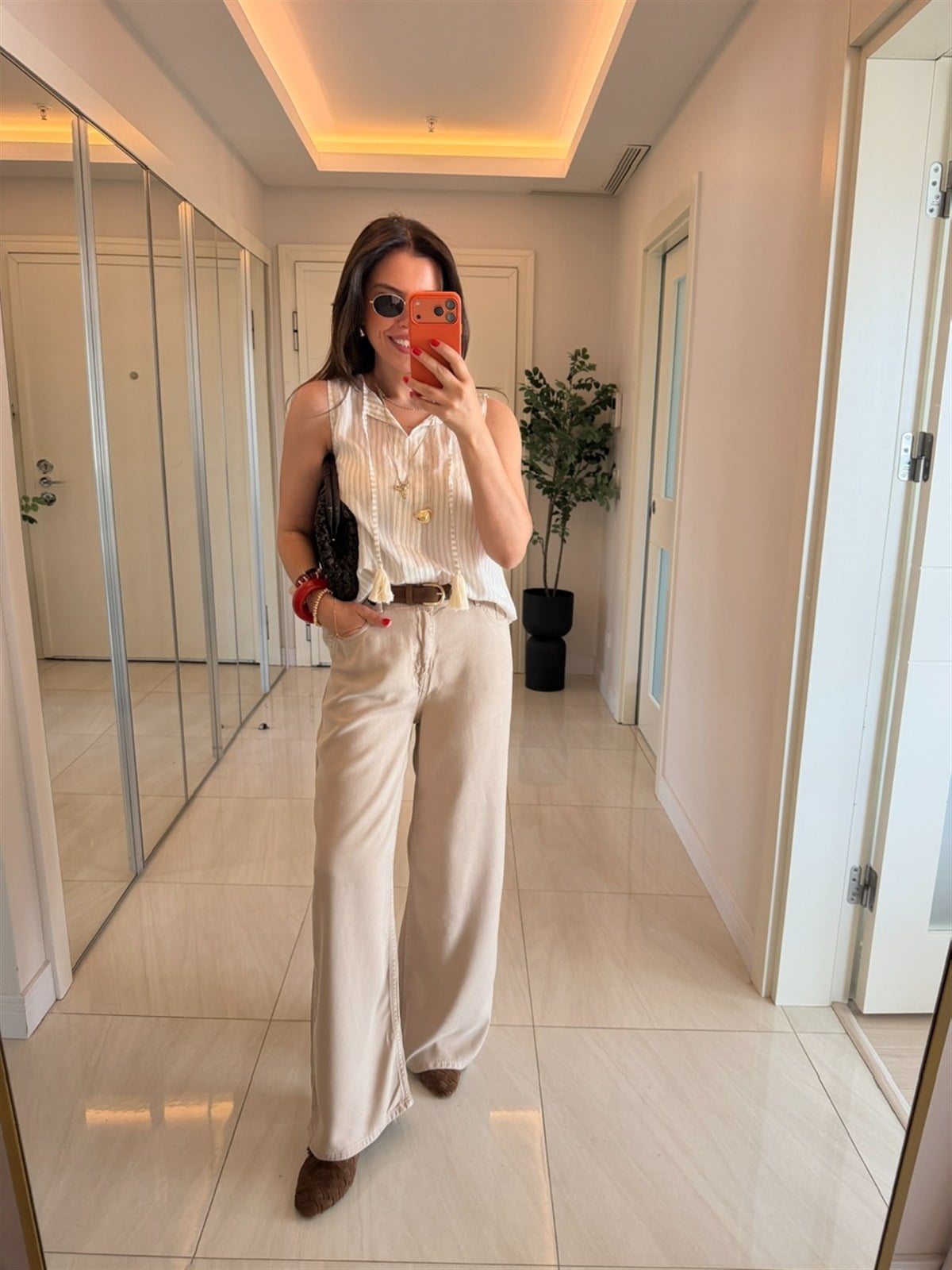 Premium Tensel Palazzo Denim Pantolon - Taş