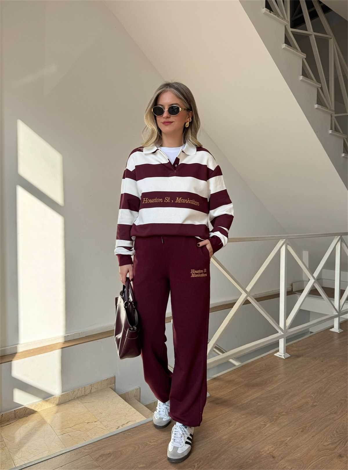 Çizgili Sweatshirt Eşofman Takım - Bordo