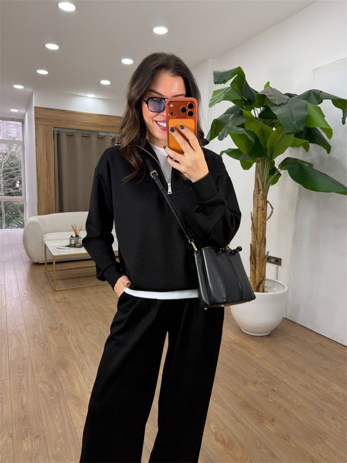 Fermuar Detaylı Sweatshirt Pantolon Modal Takım - Siyah