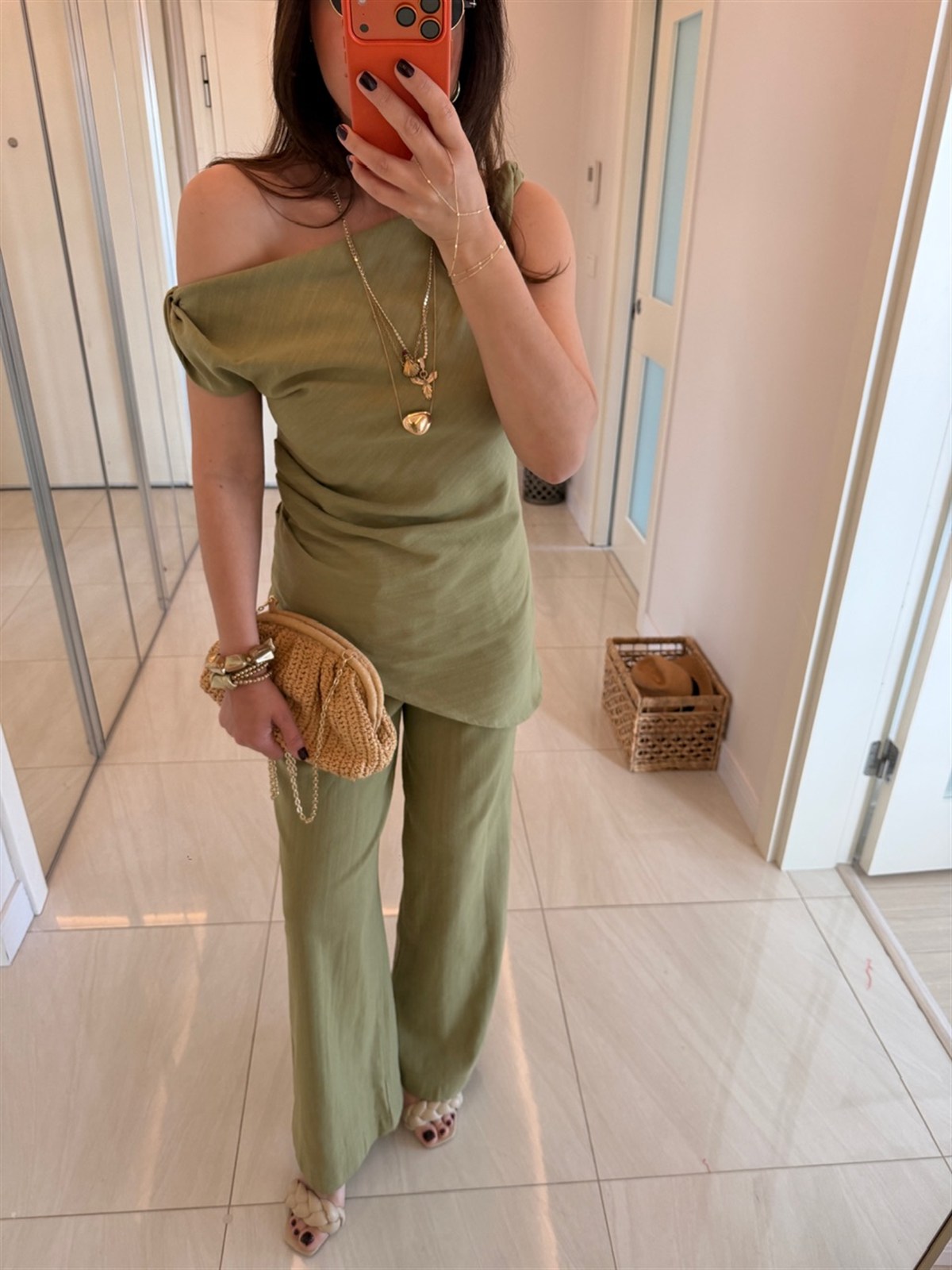 Omuz Detaylı Keten Bluz Pantolon - Haki
