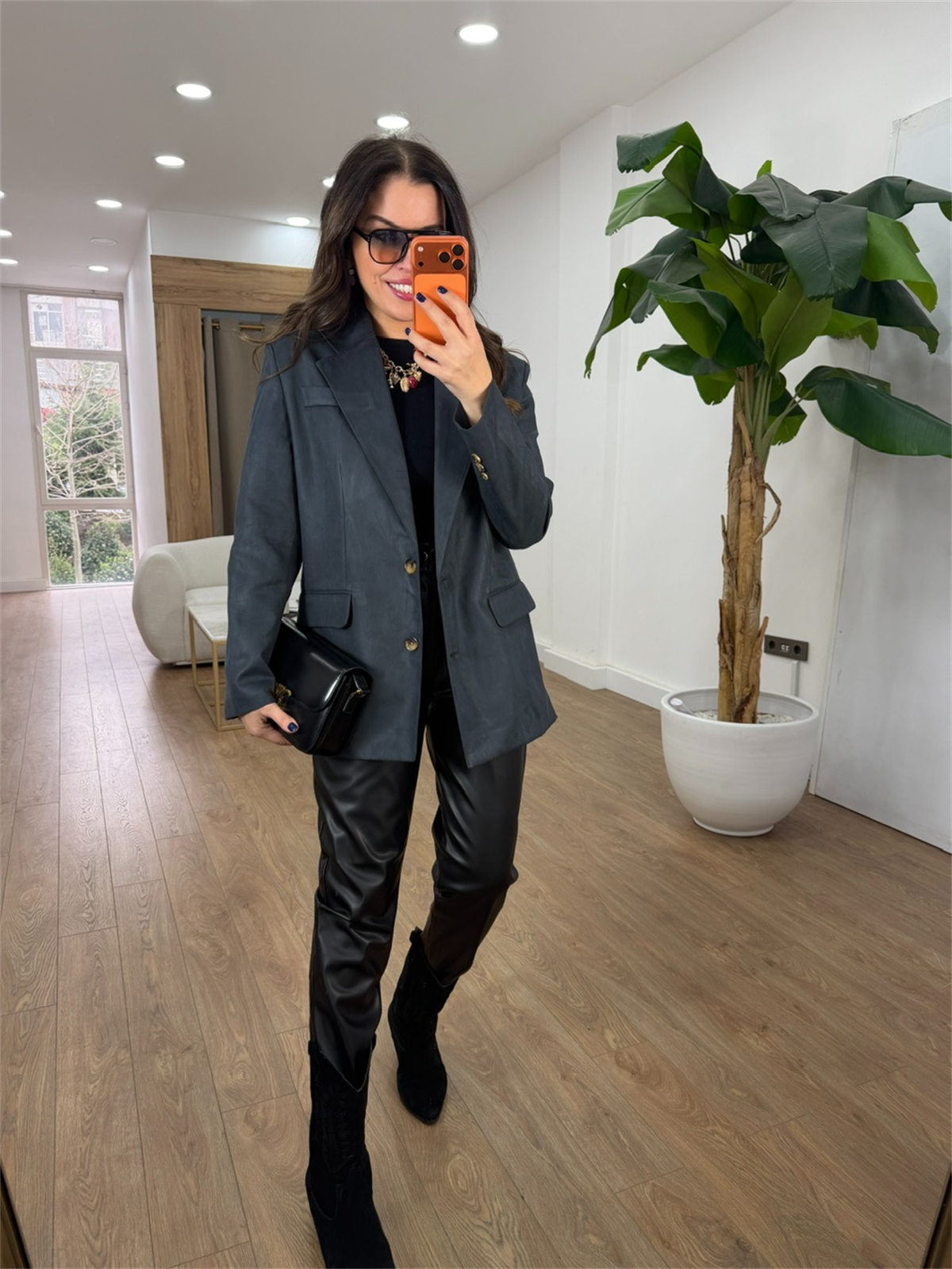 İki Düğmeli Süet Ceket - Füme